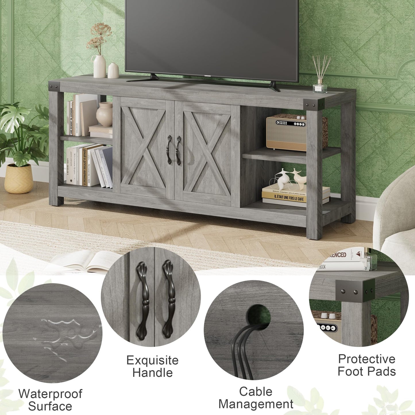 Garvee TV Stand for 65'' TV, Farmhouse Entertainment Center with Storage, 60'' TV Console Table with Shelves, Modern Media Console Cabinet with Doors, Wooden TV Stand for Living Room, Bedroom, Grey