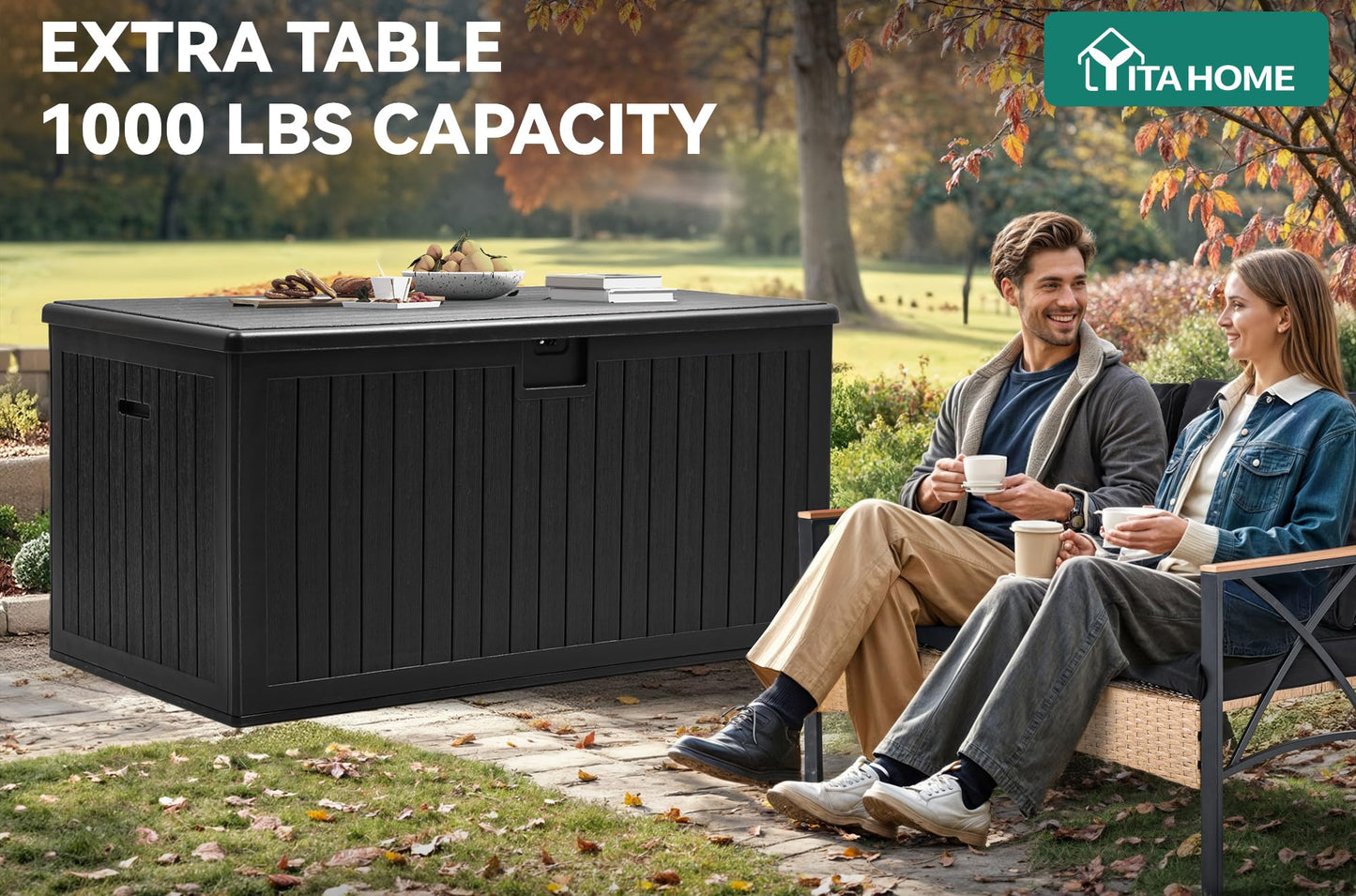 YITAHOME 260 Gallon Large Deck Box with Divider & Side Handles, Outdoor Double-Wall Storage for Patio Furniture Cushions, Garden Pool Accessories, Water Resistant & Lockable, Black