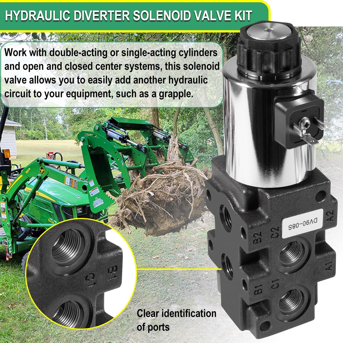 24 GPM Hydraulic Multiplier Diverter Selector Solenoid Valve, 6 Port, 3625 Max PSI, 12VDC, with Switch, Extension Harness, Ag Coupler Adapters For Most Tractors, Up To 3 Additional Functions