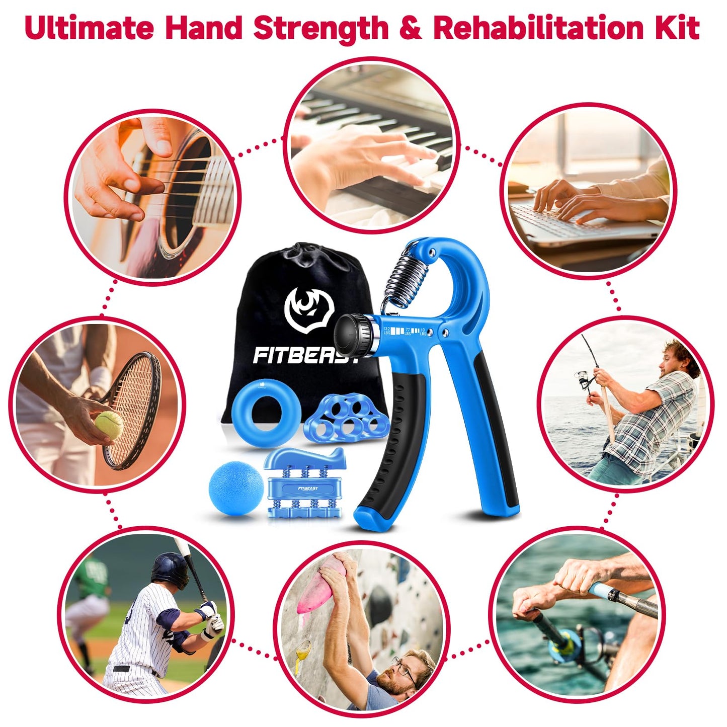FitBeast Grip Strengthener Forearm Strengthener Hand Grips Strengthener Kit - 5 Pack Adjustable Resistance (Light Blue)