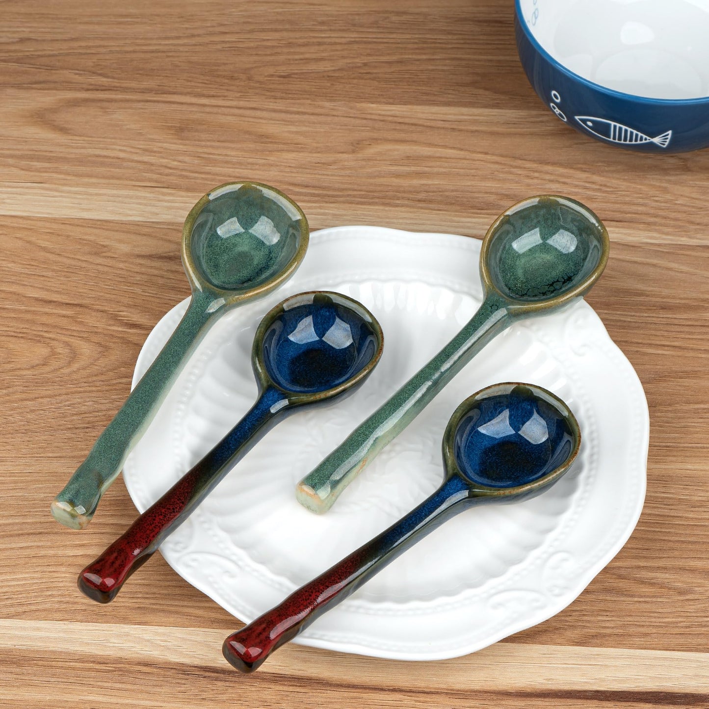 JANKOW 4 Pack Japanese Ceramic Soup Spoons - Hand-Painted Retro Porcelain Spoons with Long Handle - Asian Soup Spoon Set for Ramen, Pho, Wonton, Miso Soup, Dumplings - 6.6 Inch