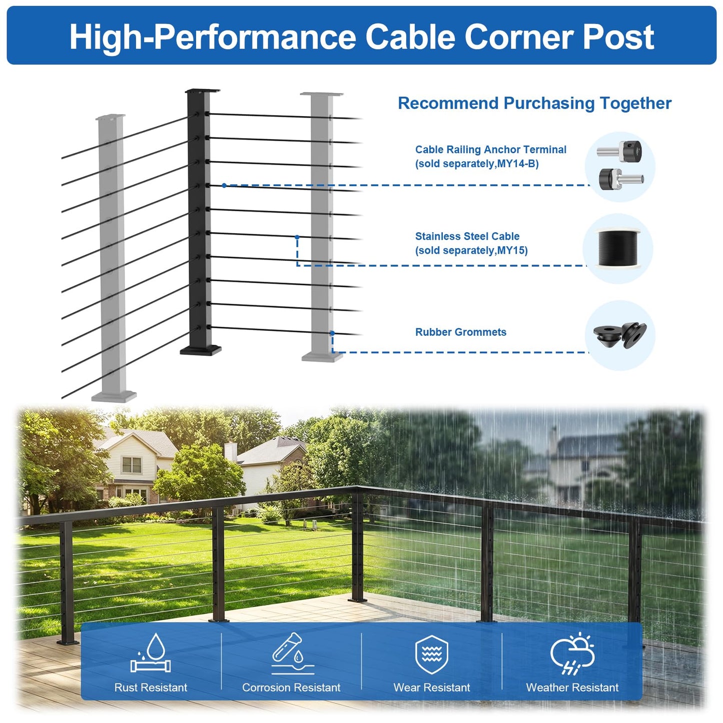 PLANTOP 36" Cable Railing Corner Post(Post 35"x2"x2"), 1 Pack 90° L-Drilled Flat Top Corner Post, Stainless Steel Black Surface Mount Deck Cable Railing Post for Indoor Outdoor, MY08-C