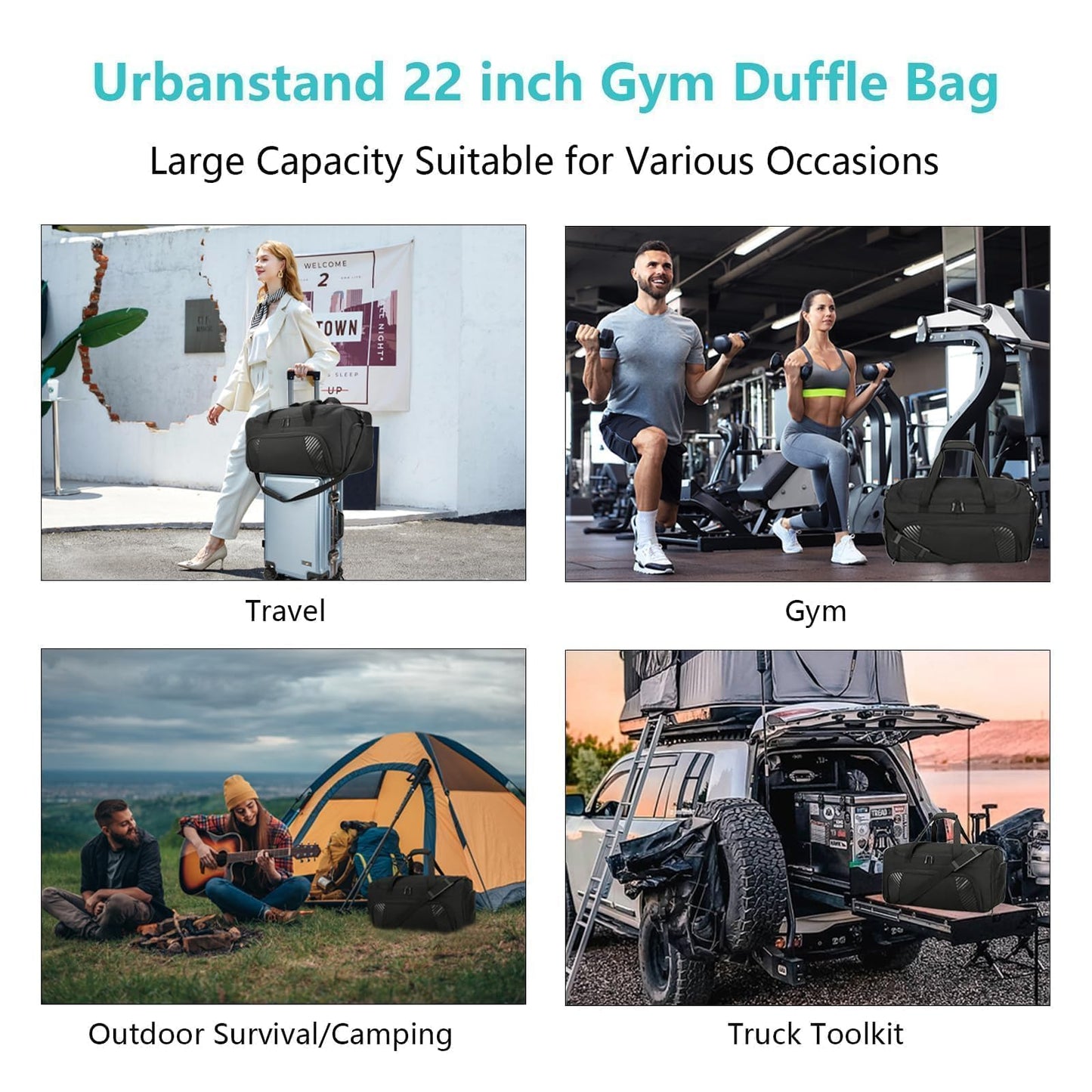 Urbanstand Gym Bag with Shoe Compartment - 50L Black Durable Large Duffle Bag for Travel, Weekender Carry On Duffel Bag for Men, Sports, Fitness & Workout
