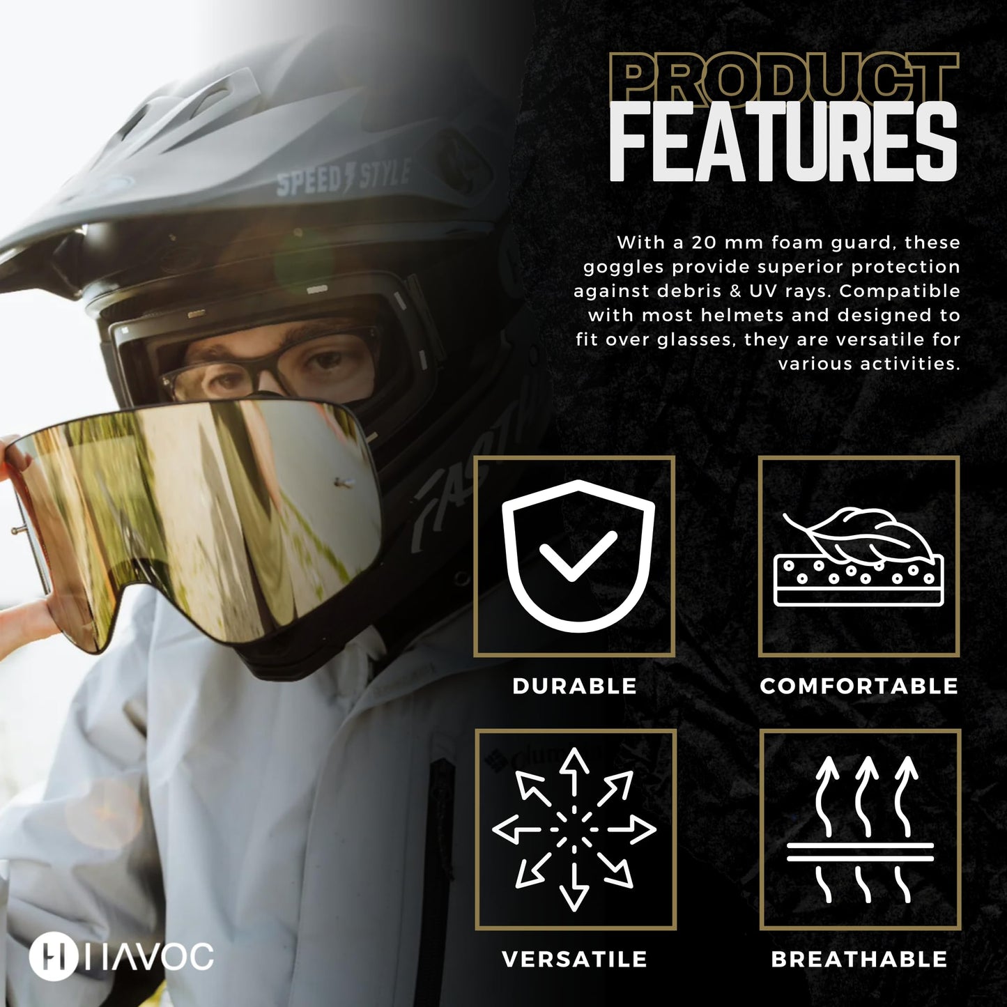 Havoc Racing Magnetic Frameless Goggles - For Motocross, Dirt Biking, Snowboarding, ATV, & UTV - Hammerhead Goggles, Clear Lens, & Hard Case Bundle