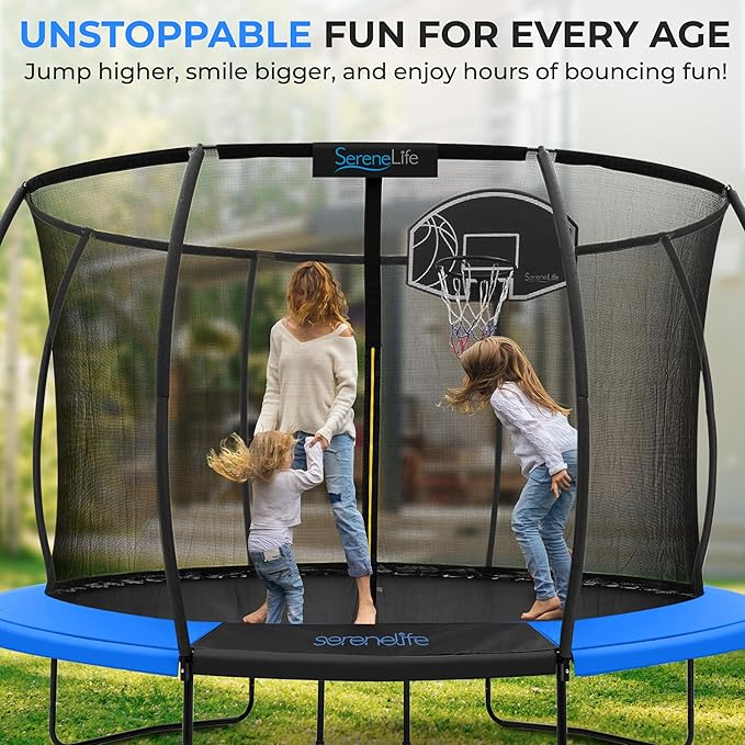 SereneLife 8FT 10FT 12FT 14FT Outdoor Trampoline for Kids and Adults – ASTM Certified Heavy-Duty Backyard Trampoline with Safety Poles, Net Enclosure, and Stable Anti-Rust Frame