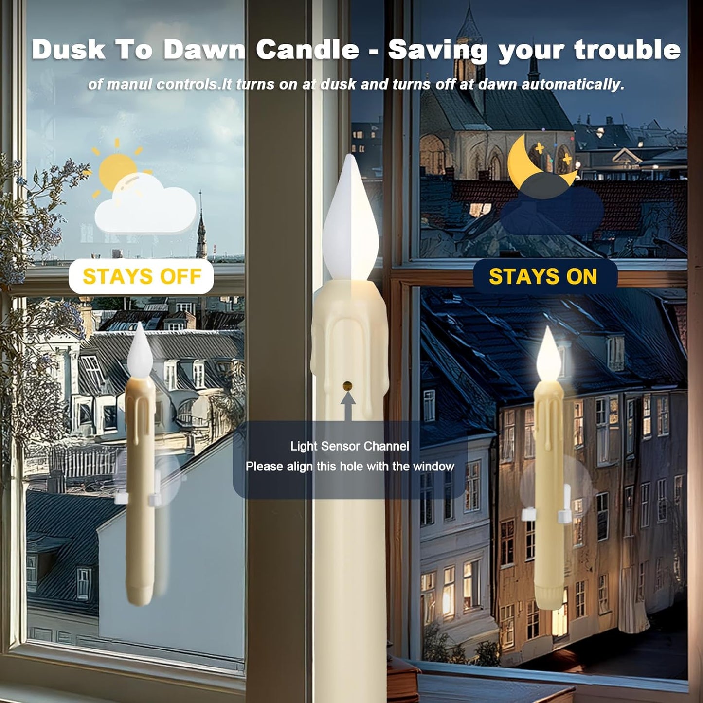 Skiennix 6 Pcs Sensor Window Candles - Flickering LED Battery Lights with Suction Cups for Xmas Decor | White