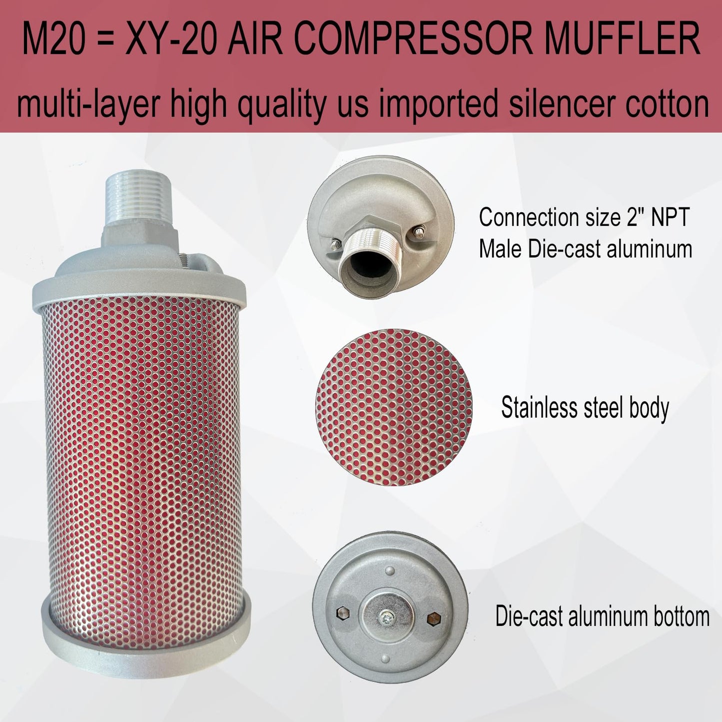 M20 XY-20 Air Compressor Muffler 2" NPT Male, Air Exhaust Silencer for Compressor Dryer Compressed Air Equipment and Systems, Single Chamber 145 PSI