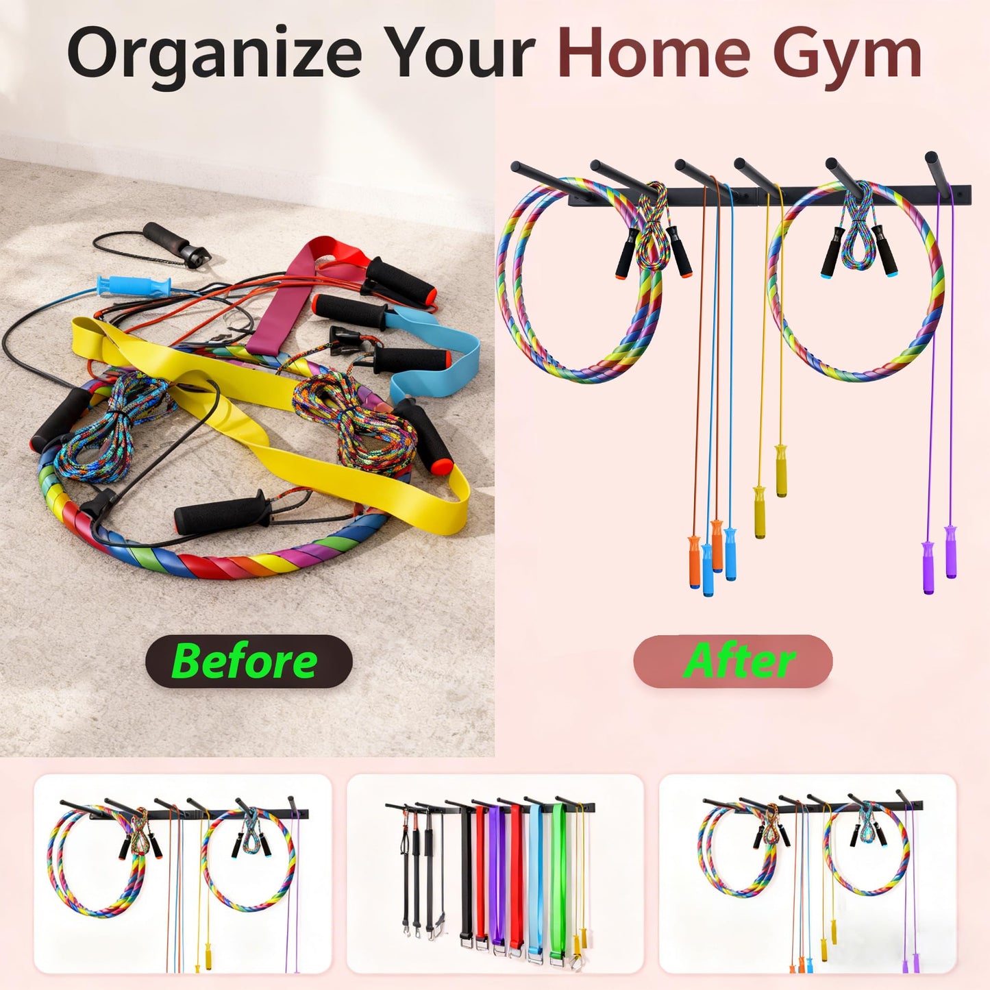 YOVXKAN Wall Mounted Jump Rope Rack - 6 Peg Heavy-Duty Metal Gym Organizer for Resistance Bands, Hoops, and Ropes - Black Finish - Home/Gym Storage