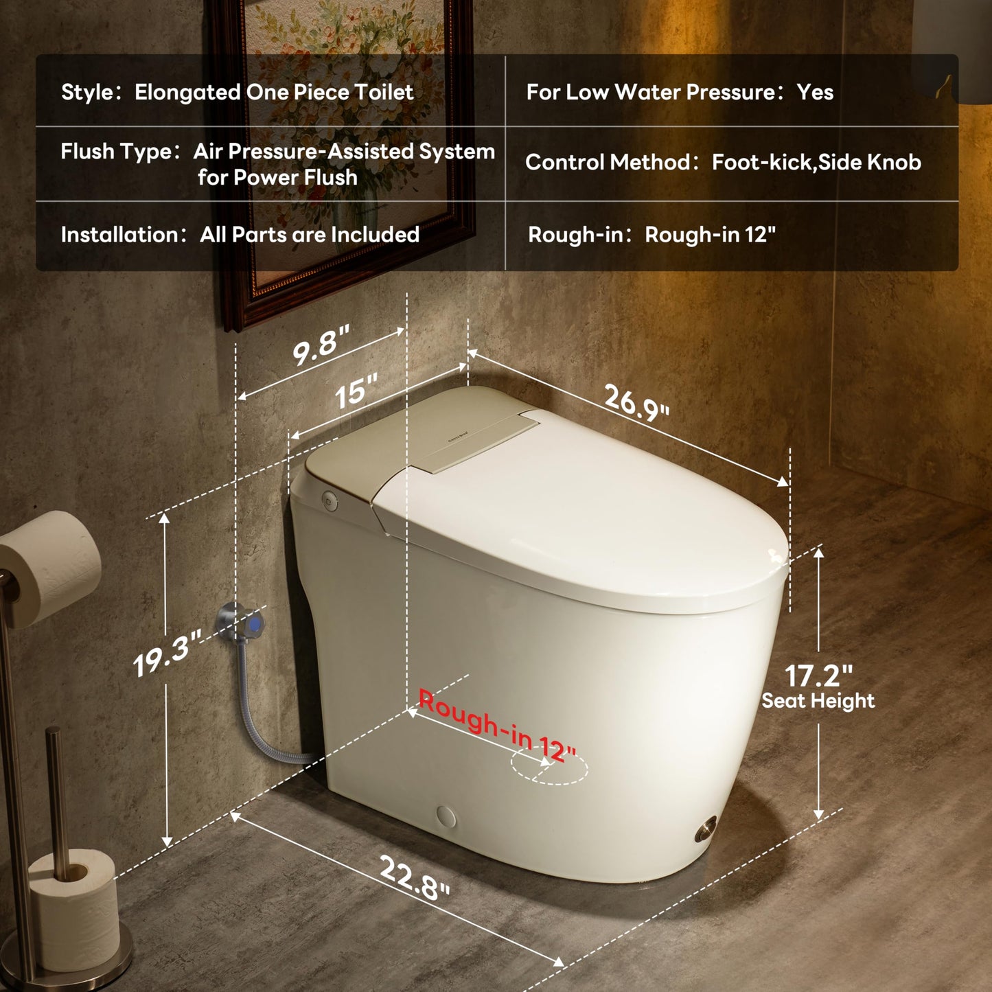 Casta Diva Elongated One Piece Toilet for Bathroom Modern Toilet 1.0GPF Button & Foot Kick Flush, Air Pressure Assisted Flush, 17.2" ADA Comfort Height Seat, Brushed Gold