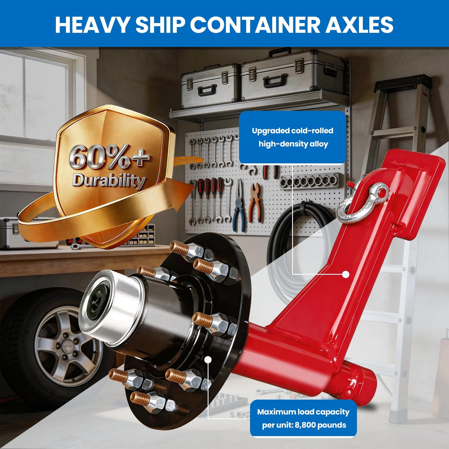 2-Pack 8-Lug Container Wheel Kit Heavy Duty Shipping Container Axles with Ratchet Tie Down, Red Container Moving Wheels for 20ft 40ft Shipping Container