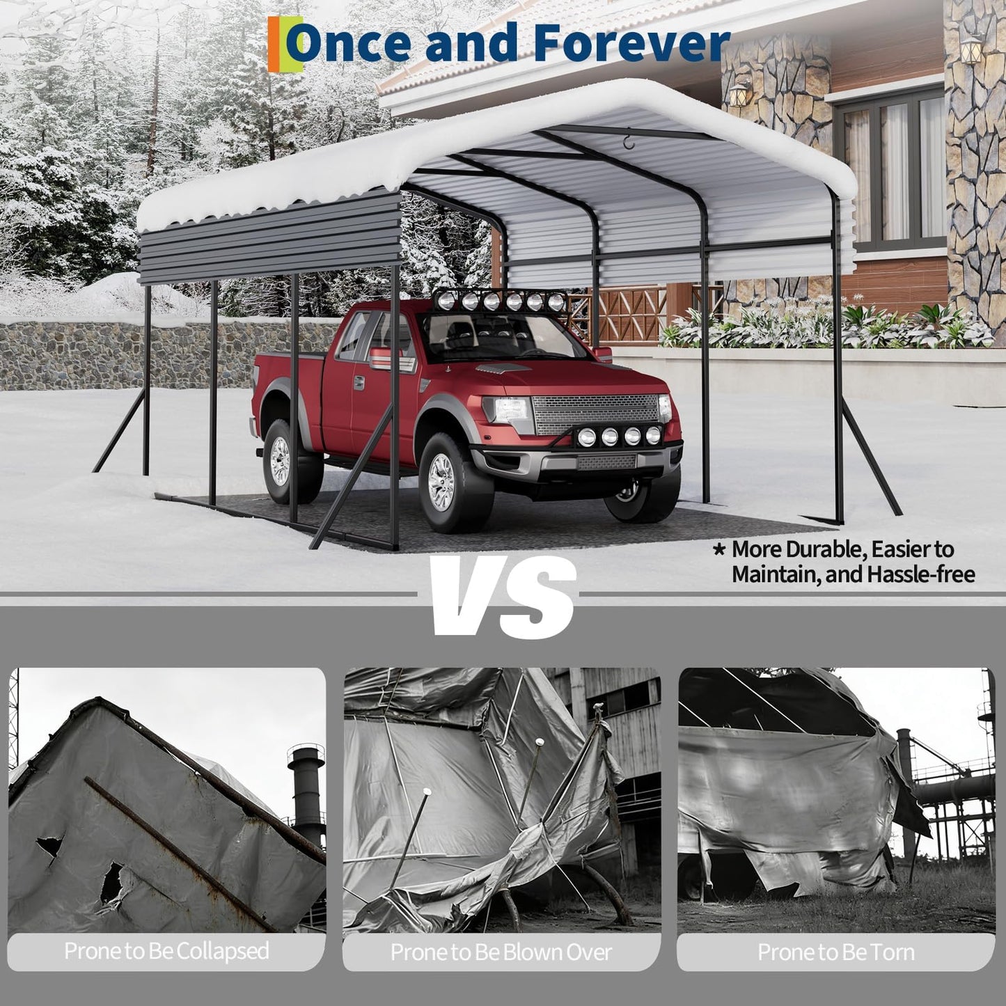 Outdoor Metal Carport, 10x15FT Heavy Duty Carport Canopy with Electro-Galvanized Steel Top & Triple-Braced Foundation, Garage Shelter Shade for Trucks, Boats, Cars