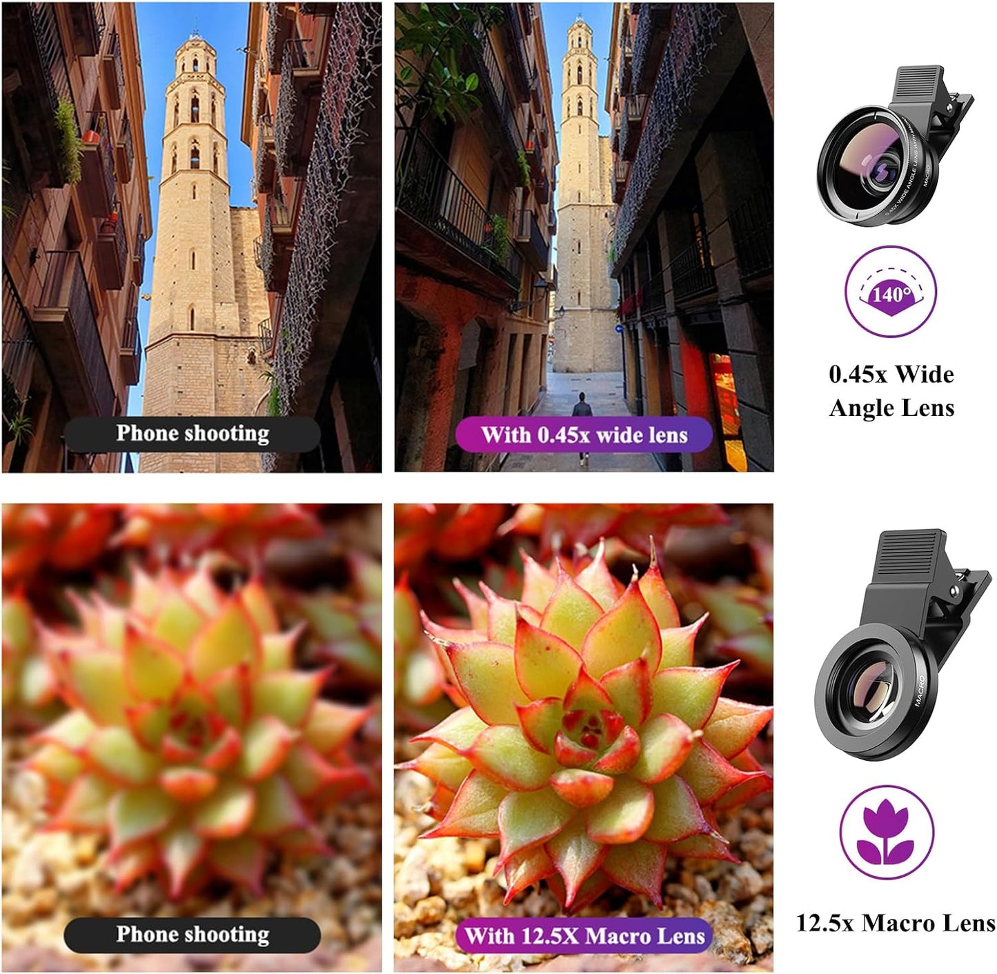 APEXEL 2 1 0.45X 140+ 12.5X Phone Camera Lens, in Cell Phone Clip-on Lens Kit Wide Angle Lens Macro Lens Clip-on iPhone