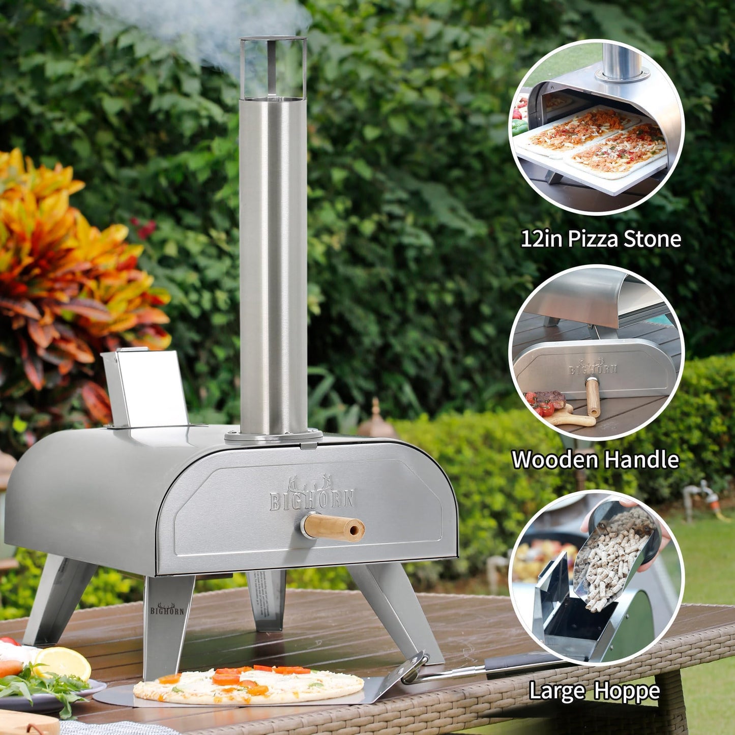 BIG HORN 12" Multi-Fuel Outdoor Pizza Oven Reach up to 1110℉– 3-in-1 Wood, Gas & Electric Compatible (Burners Sold Separately), Pellet Pizza Oven Portable Pizza Maker for Backyard, Camping&Tailgating