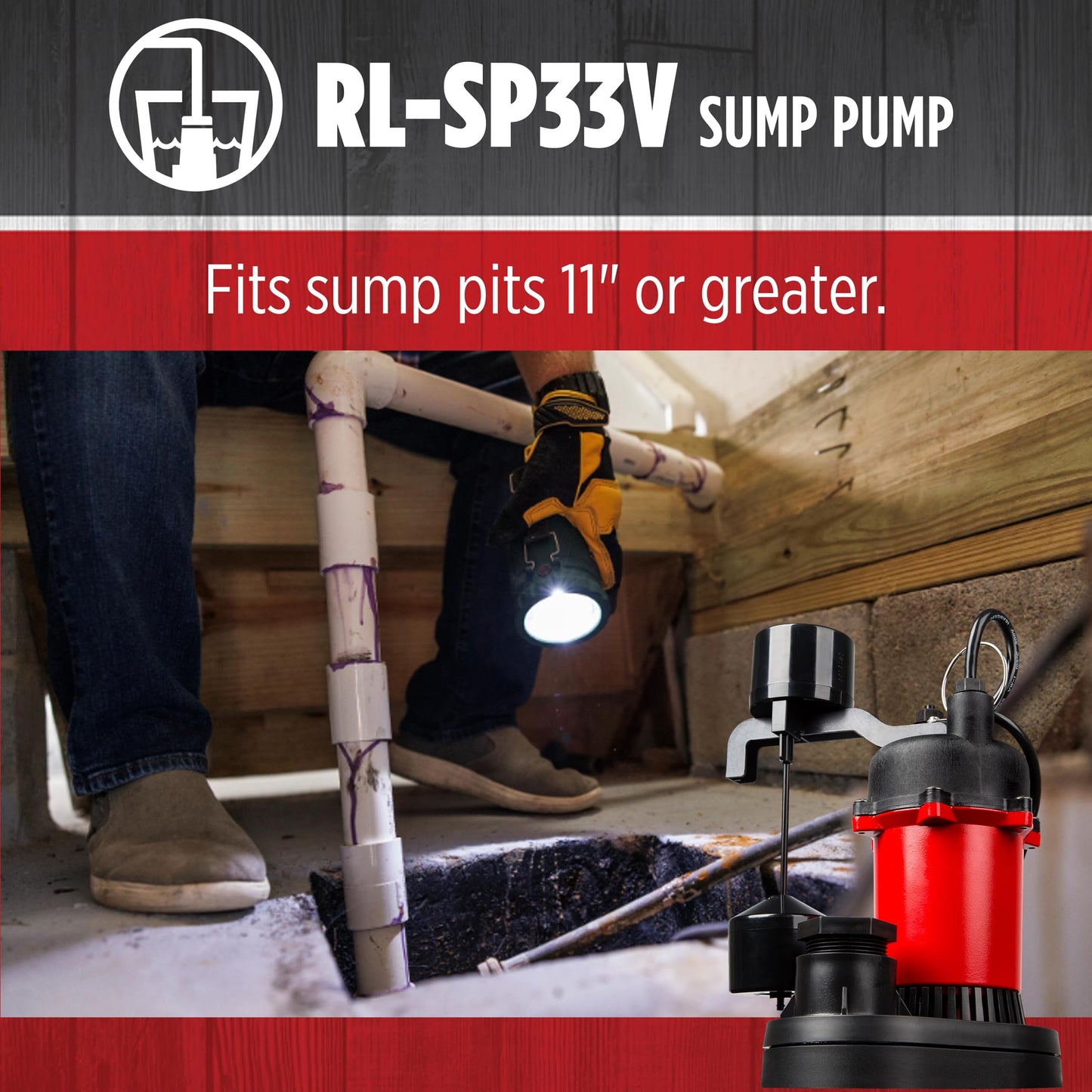 Red Lion RL-SP33V 115-Volt, 1/3 HP, 3200 GPH Aluminum and Thermoplastic Sump Pump with Vertical Switch and 8-Ft. Cord, Red, 14942741