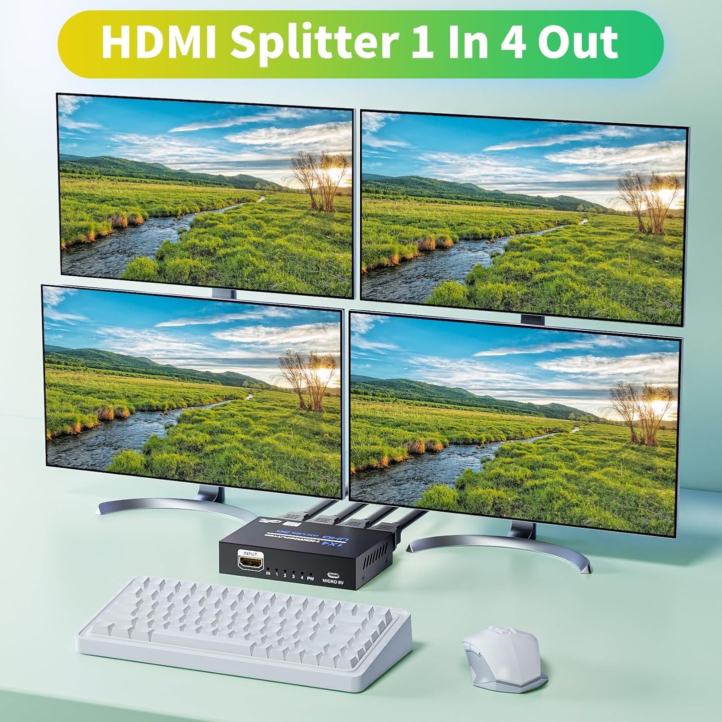 BolAAzuL 4K 1X4 1 4 2ft 3D 1080P 1 4 HDMI Splitter in Out with HDMI Cable Mirror/Duplicate Only, Powered, for Copy