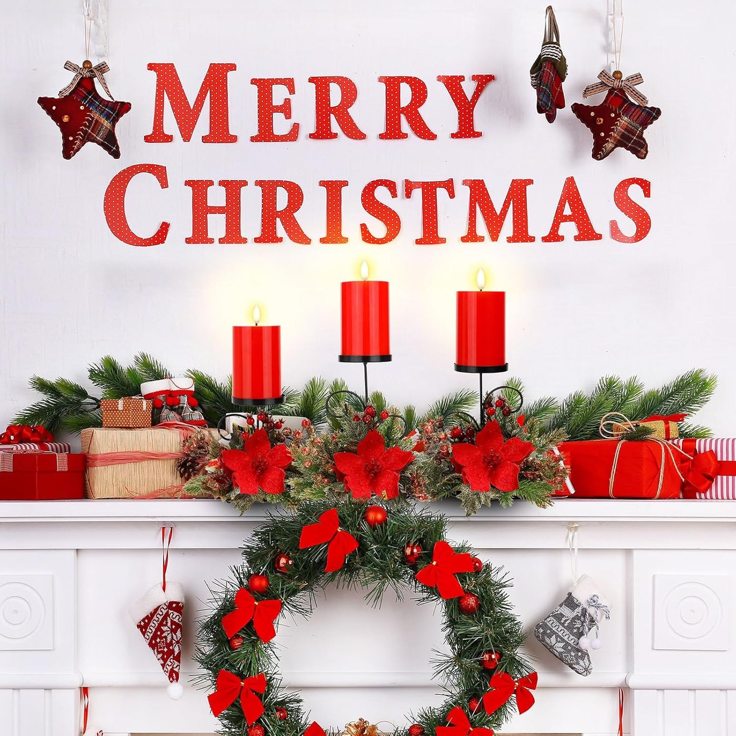 Yunlly Christmas Candle Holder Set - 3 LED Battery-Operated Poinsettia Centerpieces for Home Decor