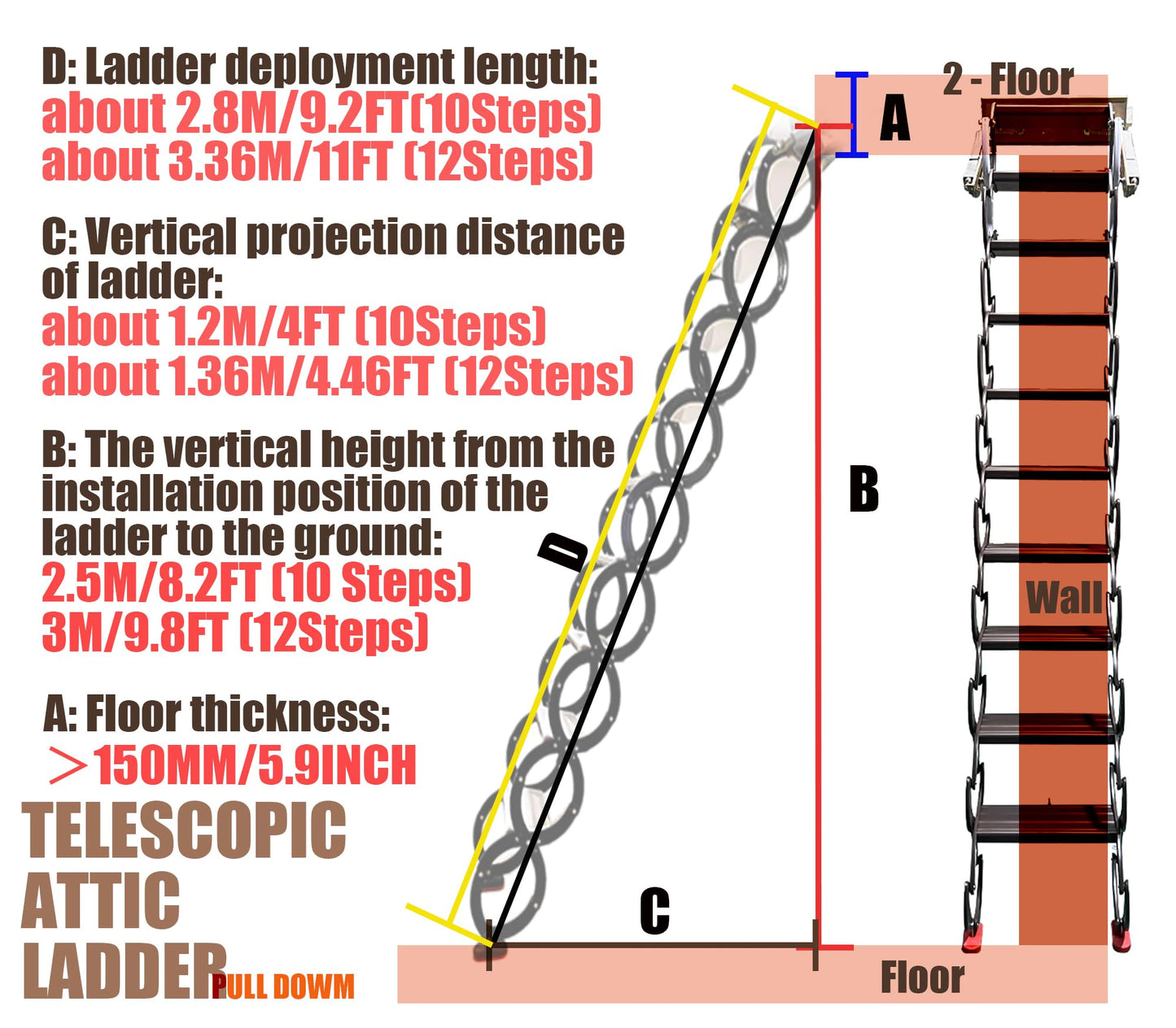 IntXanth Attic Loft Ladder-Foldable Attic Stairs Wall Mounted, 10+2 Steps, Pull Down Ladders 8.2-9.8 FT, Aluminum Attic Ladder with Armrests, Wall Telescopic Scissor Ladders Chocolate
