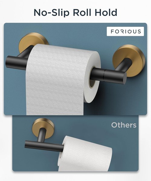 FORIOUS Toilet Paper Holder - Rustproof Stainless Steel Double Post Pivoting Design | Matte Black & Brushed Gold