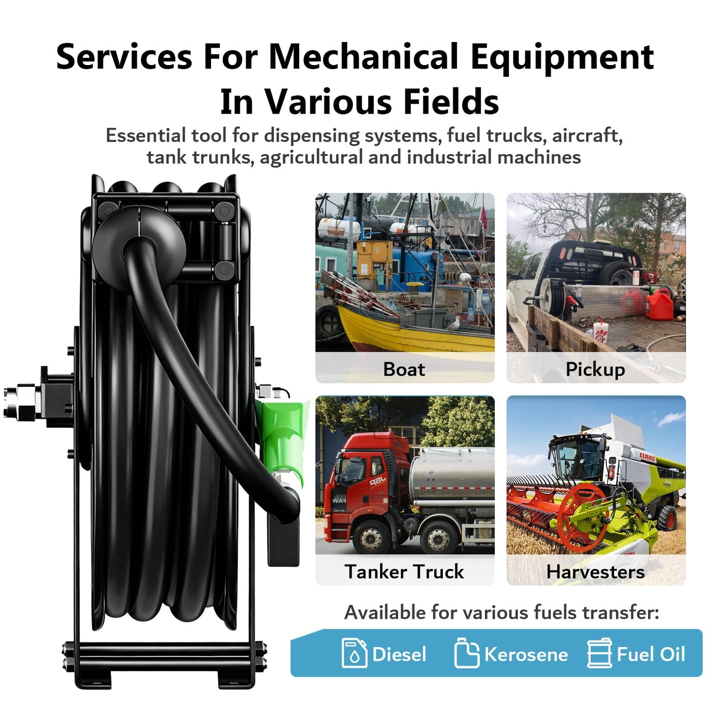 3/4" x 33ft Fuel Hose Reel Black, Extra Thick Steel, 300PSI Diesel Fuel Transfer Hose, 3/4 Inch Retractable Hose Reel with Fuel Nozzle Working with Pump & Tank