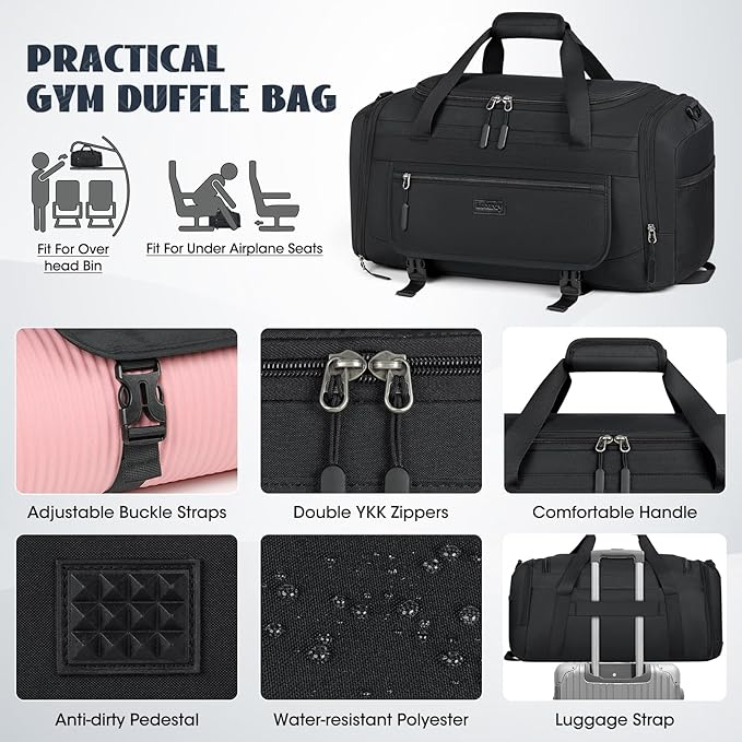 IGOLUMON Gym Bag for Men 55L Sports Duffel Bags Gym Duffle Bag Women with Shoe Compartment & Wet Pocket Water Resistant Travel Duffel Bag Lightweight Weekender Overnight Bag Black
