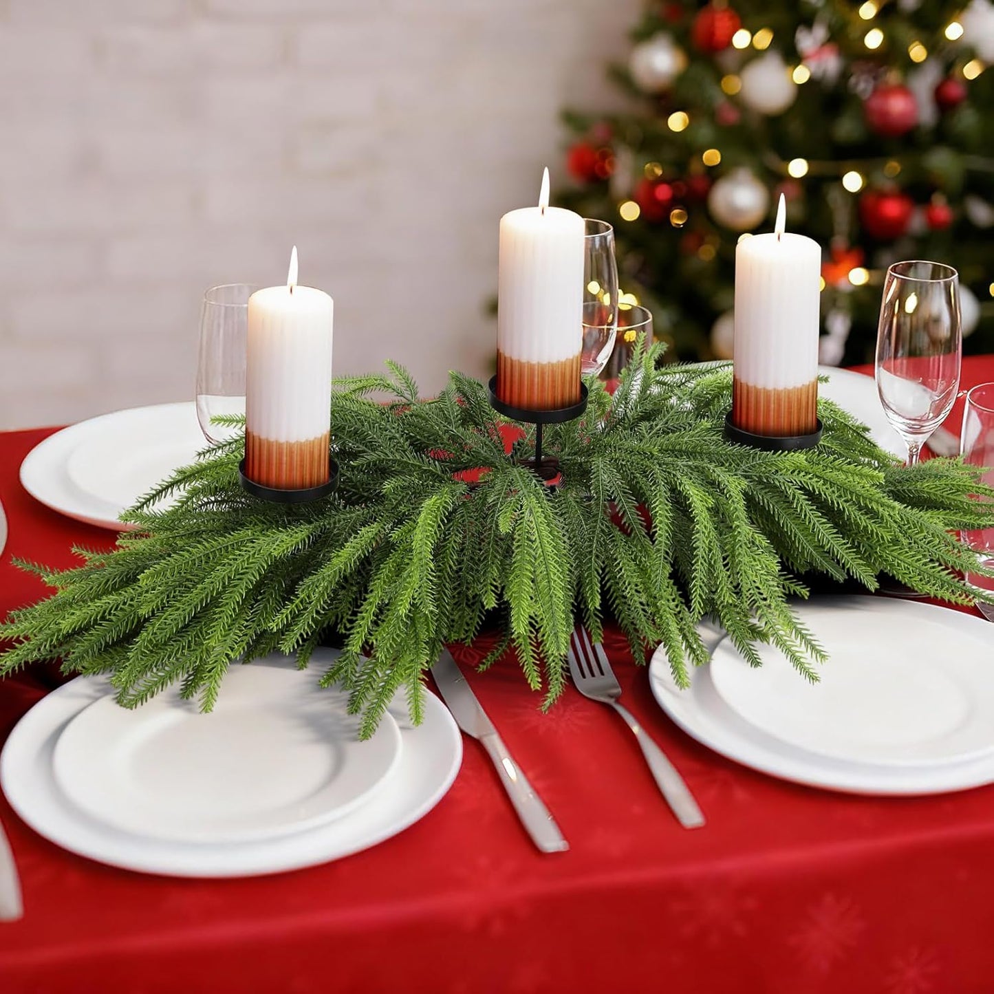 Norfolk Christmas Table Centerpiece - 3 Candle Holders | Pine Needle Holiday Decor for Dining Table
