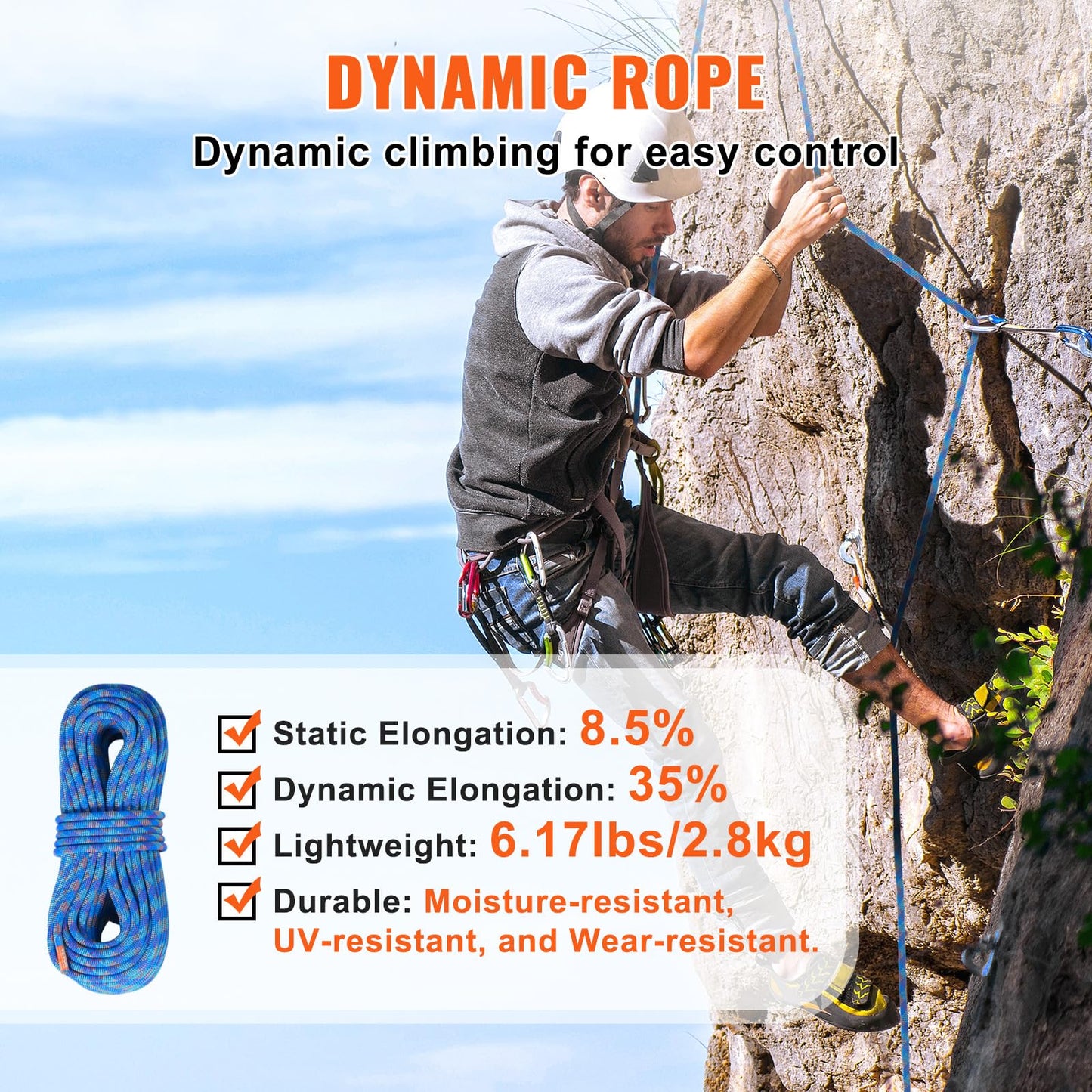 VEVOR 10.2mm Dynamic Climbing Rope, 40M(131ft) Outdoor Rock Climbing Rope 25KN Breaking Tension, Stretchable Fiber Rope with Steel Snap Hooks for Escape, Rappelling, Fire Rescue, Blue