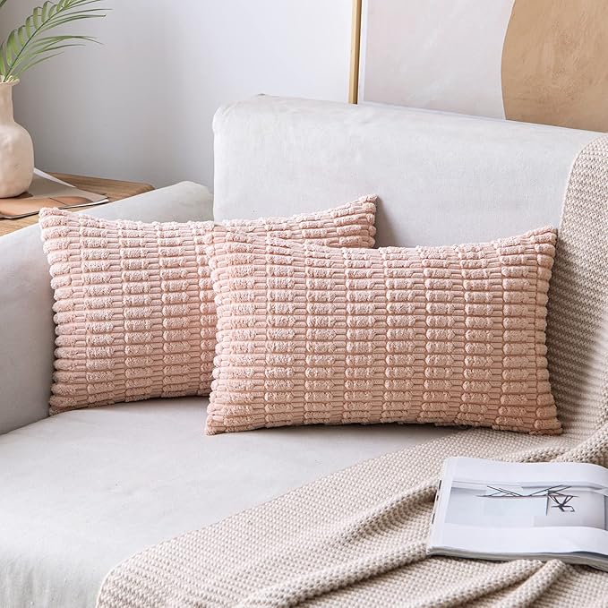 MIULEE Pack of 2 Corduroy Decorative Throw Pillow Covers 12x20 Inch Soft Boho Striped Pillow Covers Modern Farmhouse Home Decor for Spring Sofa Living Room Couch Bed Pink