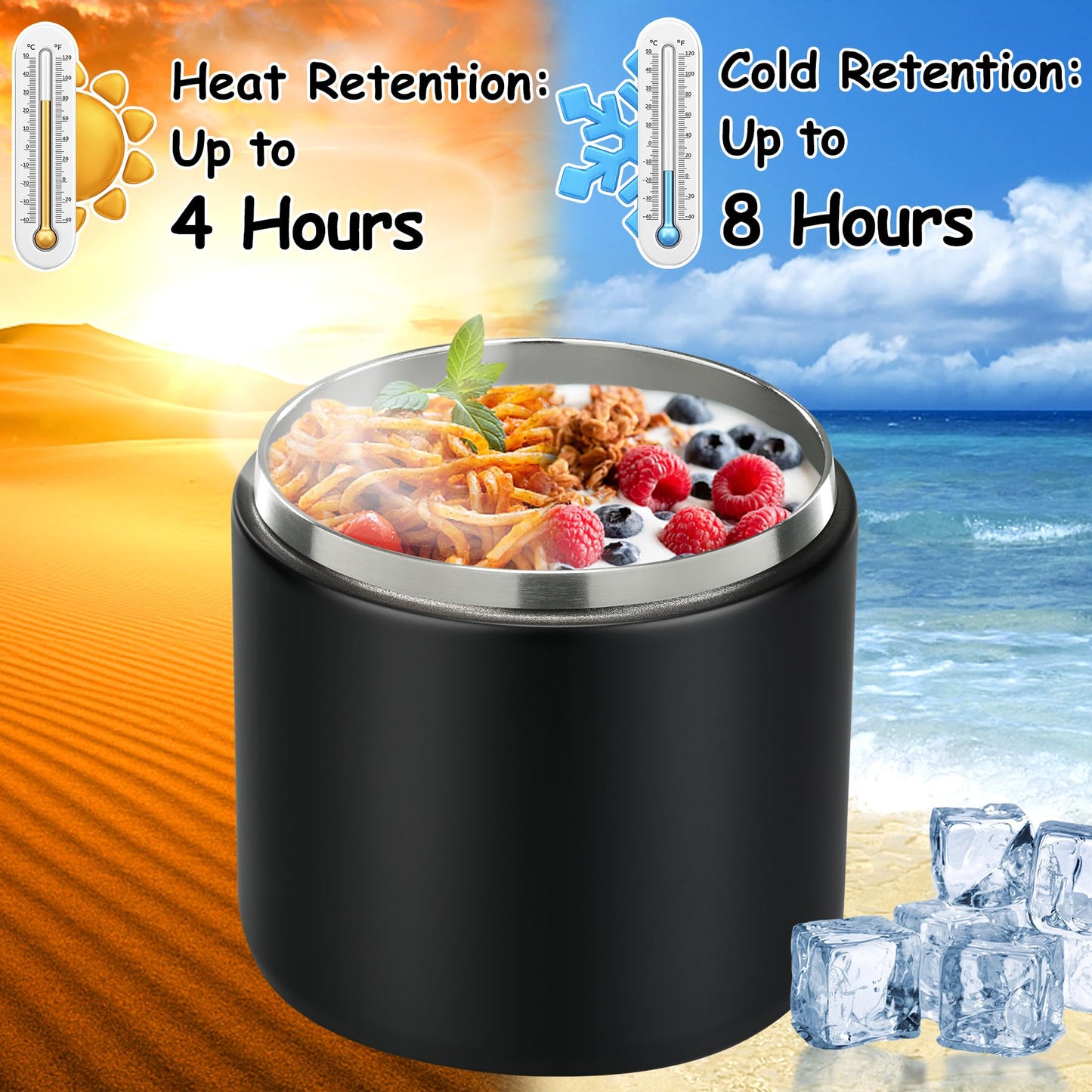 Pawtong 19oz Insulated Vacuum Food Jar with Buckle Lid Wide Mouth Soup Thermo for Hot Food Kids Leakproof Stainless Steel Lunch Container- Black-1Pack