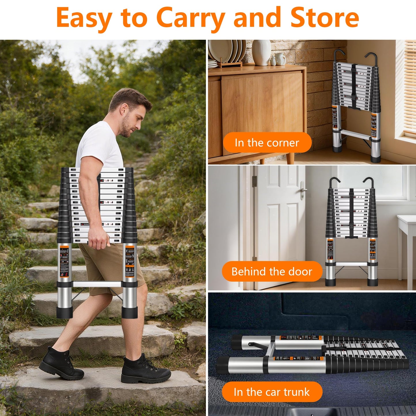 Telescoping Ladder 14.5 FT Stainless Steel Extension Ladder with 2 Detachable Hooks, Portable Multi-Purpose Collapsible Telescope Ladder for Home,RV,Outdoor Work,330lbs Max Capacity