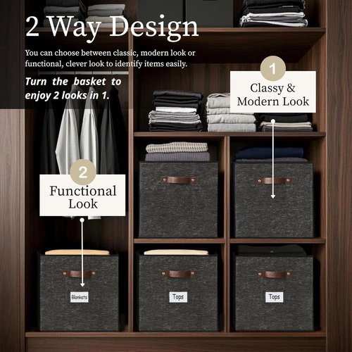 DECOMOMO Storage Bins - Fabric Cube Storage Bins with Labels | 10.5" x 11" | Set of 6, Black Pattern