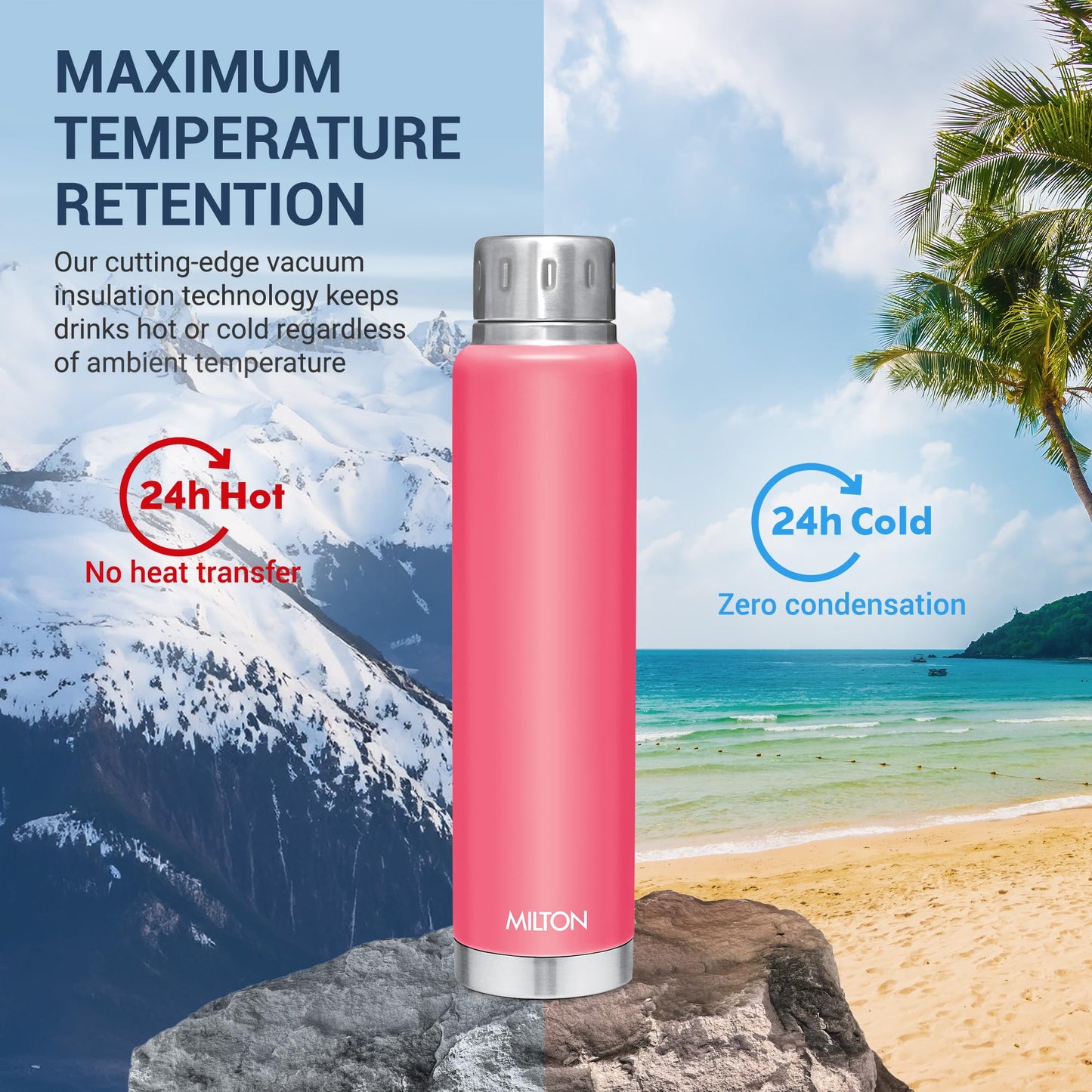 MILTON Thermos Insulated Water Bottle 25 oz (750 ml) Stainless Steel Double walled vacuum flask for 24 Hours Hot and Cold Drinks, Leak Proof for Travel, Office, Gym, Elfin 750 Pink