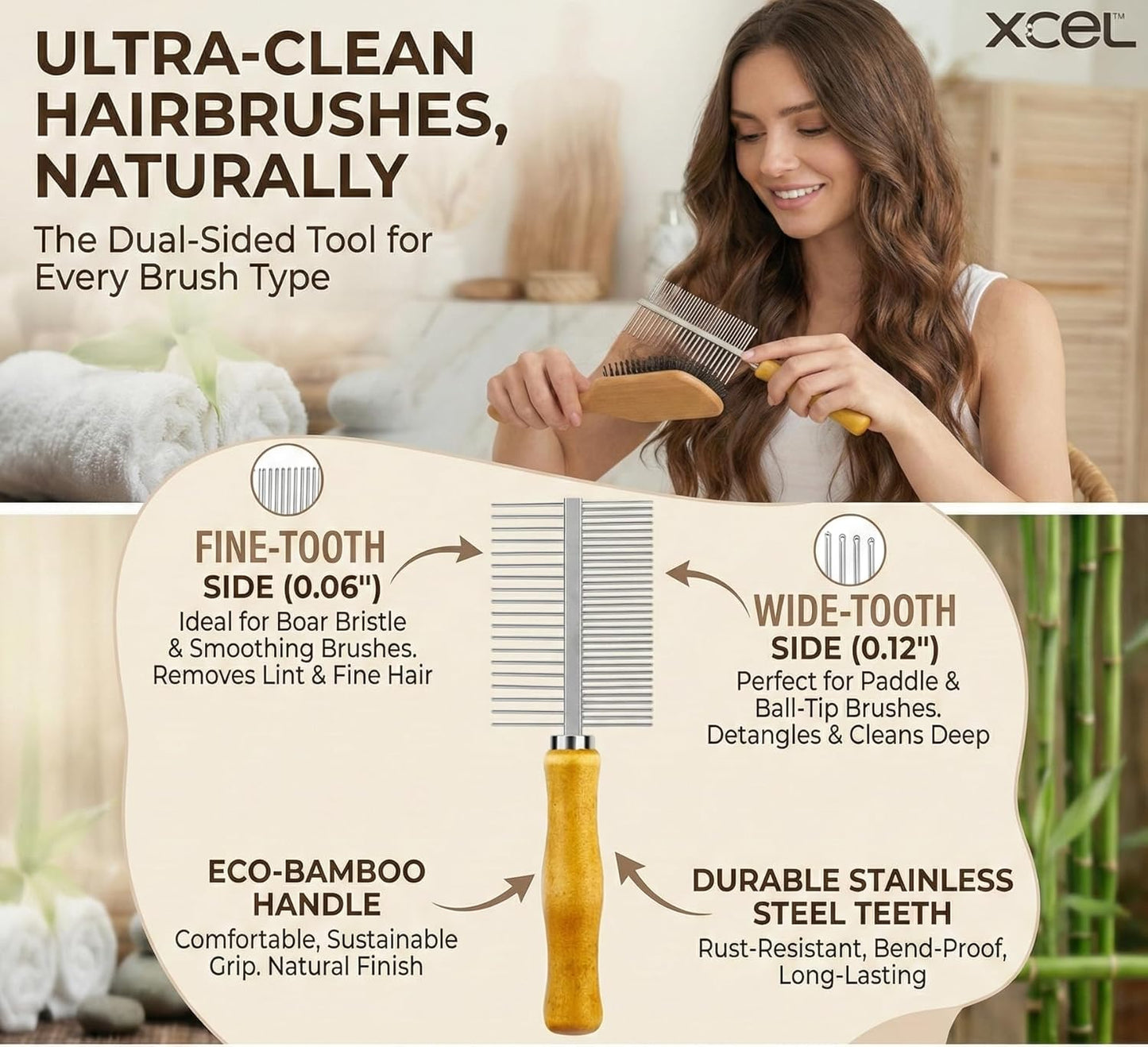 XCEL 2-in-1 Hair Brush Cleaner Tool - Dual-Sided Remover Comb for Paddle & Detangling Brushes