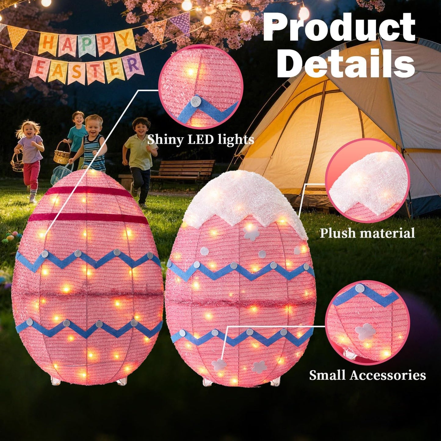 Skiennix Outdoor Easter Decorations - Set of 2 Lighted Metal Eggs, 34 Inch, Plug-In LED Lights for Lawn & Garden