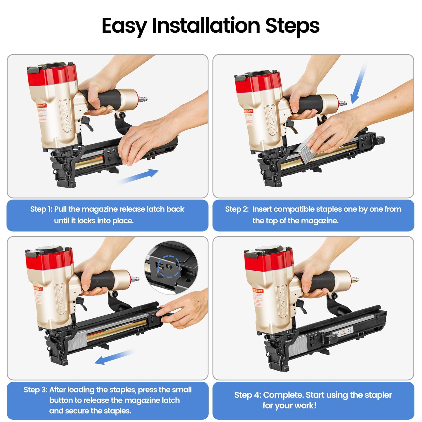 meite 16 Gauge 1-Inch Wide Crown Stapler, Pneumatic Heavy Duty Staple Gun for Roofing & Lathing, Tool-Free Jam Release & Visible Mag, Accepts 5/8"- 1-1/2" P-Type Staples PW2638-L