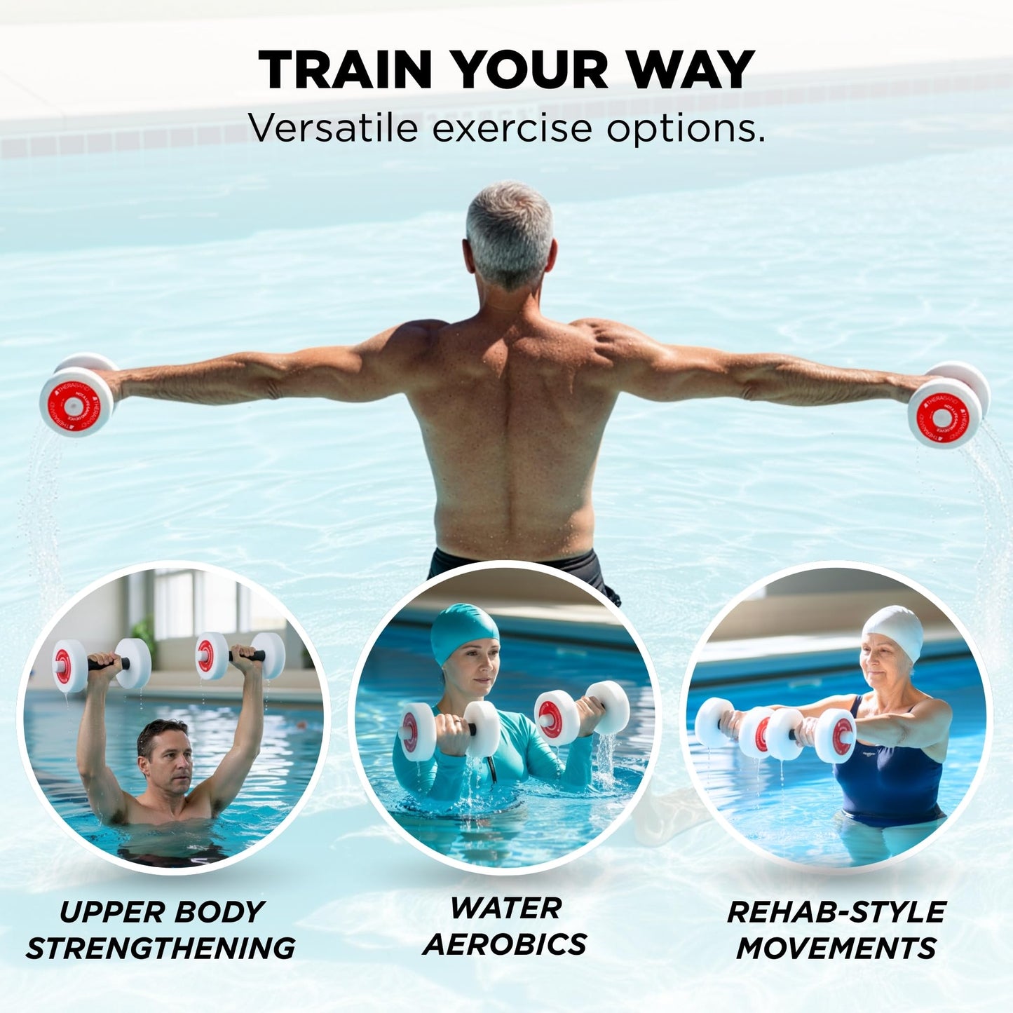 THERABAND Water Weights, Aquatic Dumbbells for Pool Fitness, Pair, Red Light Resistance Level, for Pool Exercise and Water Aerobics for Adults, Foam Pool Weights for Therapy and Fitness Workouts