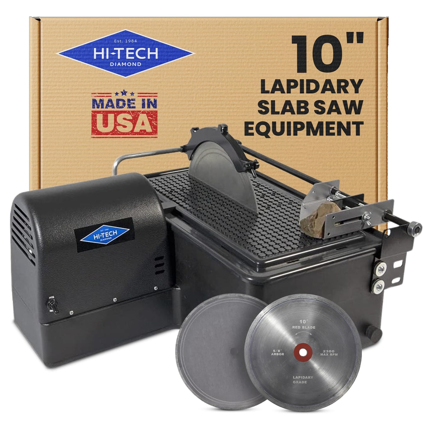 Hi-Tech Diamond 10" Lapidary Equipment - Rock Saw for Cutting Rocks and Glass, Stone Cutter, Two Diamond Blades and Vise Attachment Included, Rock Cutting and Polishing Tools– 10 Inch, 115V Only