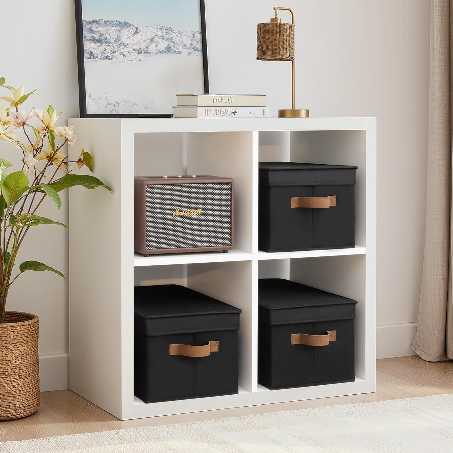 StorageWorks Black Storage Bins - Decorative Foldable Boxes with Lids & PU Handles | Large 3-Pack