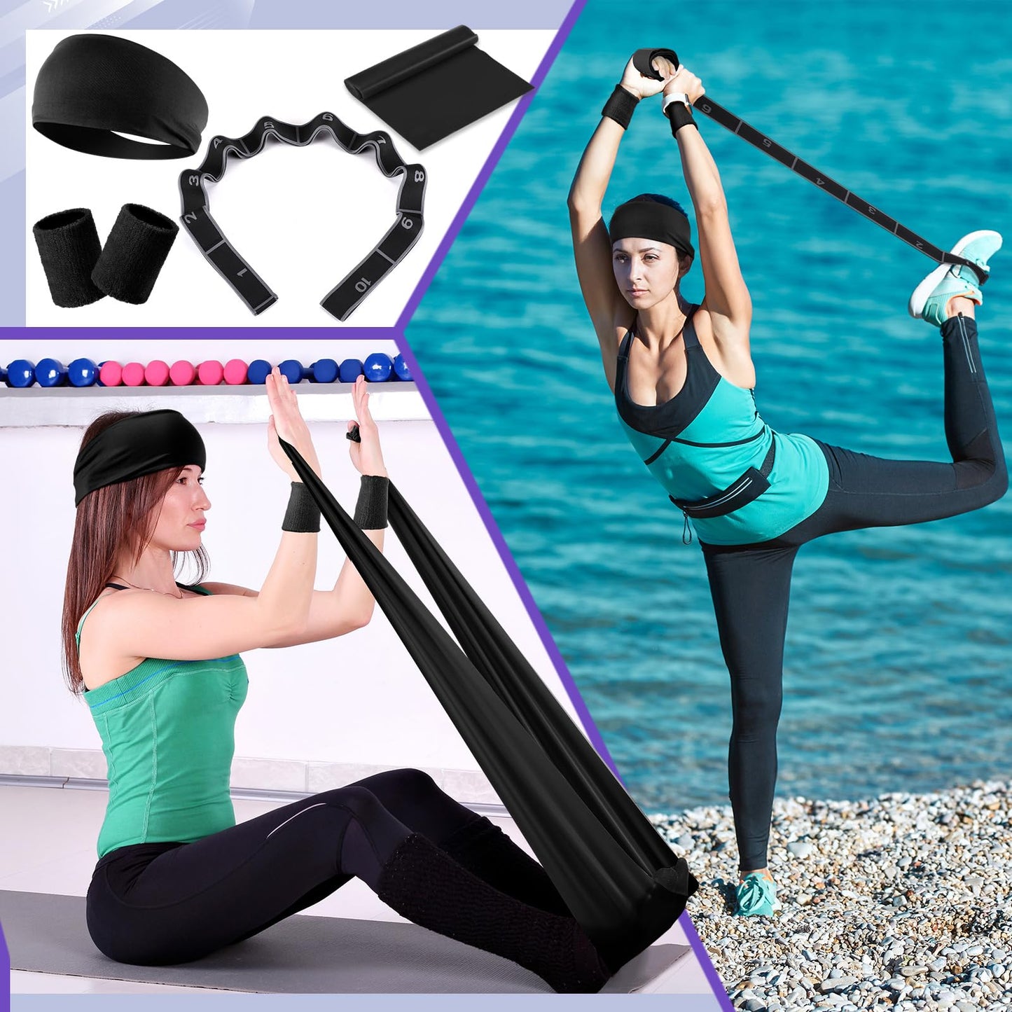 Poen 18 Pcs Home Pilates Ball and Ring Circle Set Yoga Fitness Essentials Kit with 5 Resistance Band Stretching Strap Non Slip Sock Ball Core Slider Wristband Headband Gym Bag for Women, Black