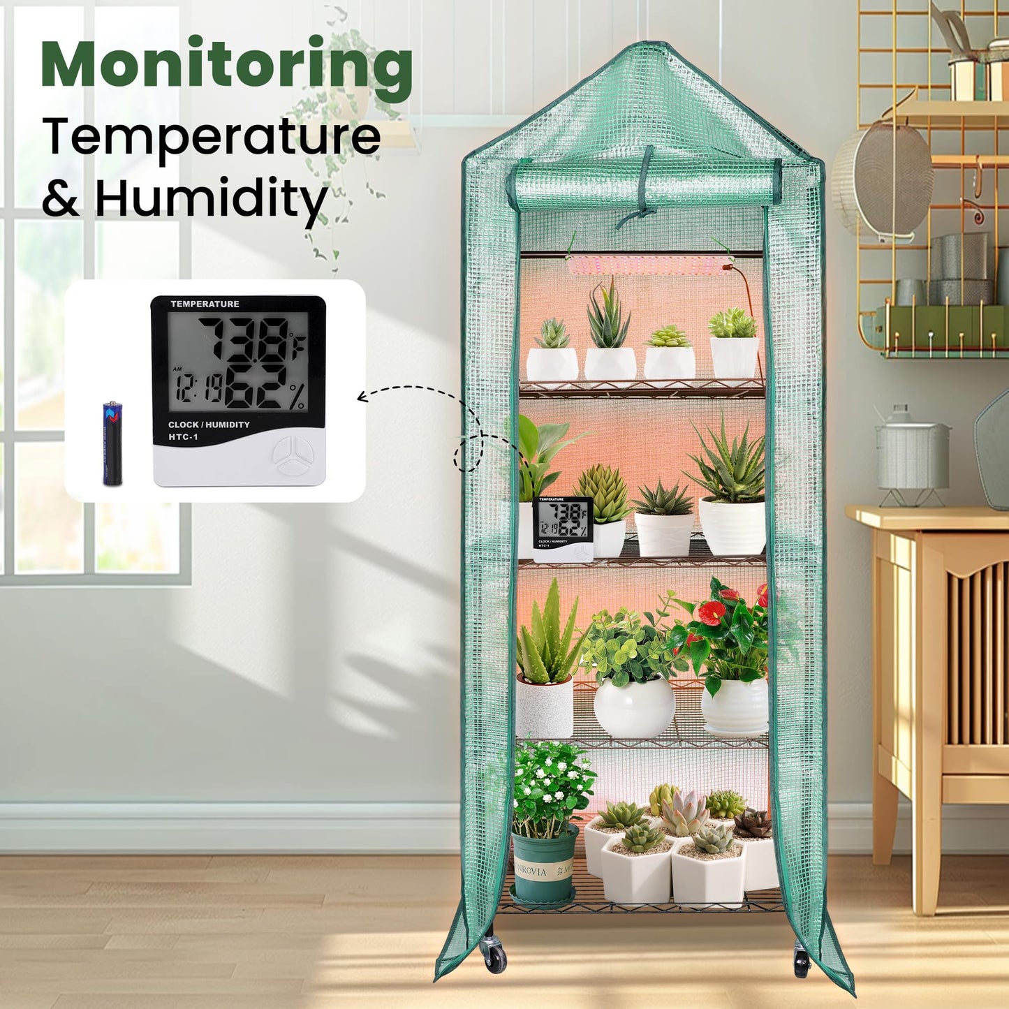 DazSpirit Mini Indoor Greenhouse with Grow Light, Portable 4-Tier Plant Stand with PVC Cover, Adjustable Shelves & Thermohygrometer for Seed Starting & Plant Growth, 70 x 23 x 19'', 32W Grow Light