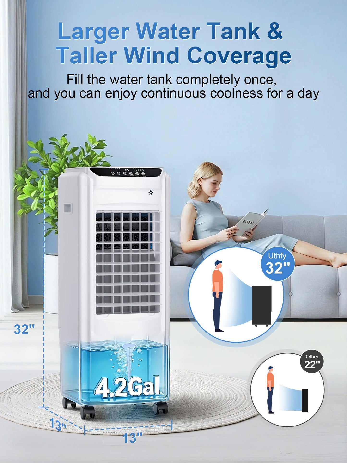 Uthfy 32" Evaporative Air Cooler with 4 Ice Packs, 4 Modes & 3 Speeds, Swamp Cooler with 4.2 Gal Water Tank, 120° Oscillation, 12H Timer, Remote, White, Portable Air Conditioner for Bedroom, Office
