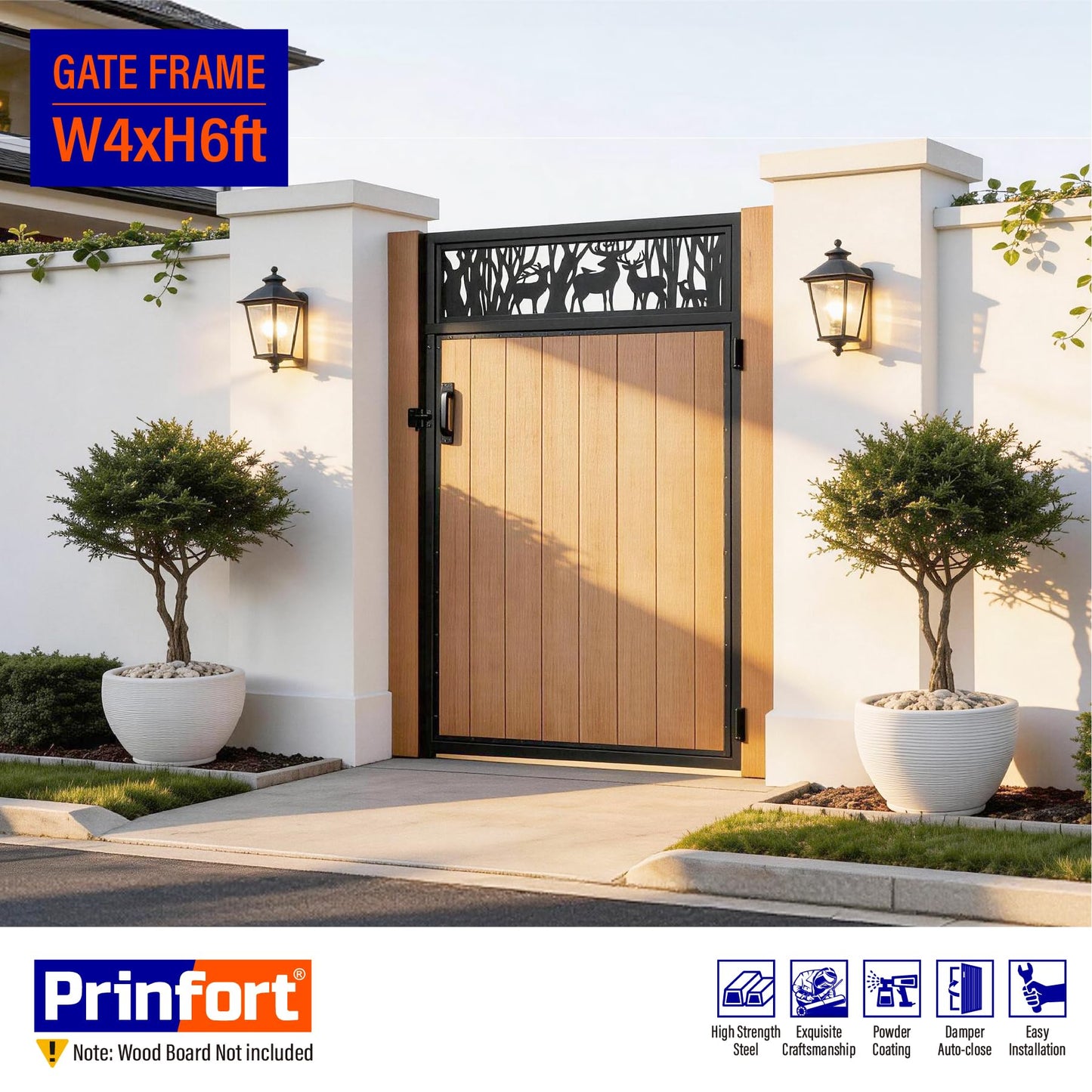 Prinfort 4x6FT (46.78"W X 70.8"H) 201 Stainless Steel Anti Sag Wooden Fence Gate Kit Heavy Duty Garden Gate Frame Hardware Kit Reinforcement (Left/Right Free-Installation)