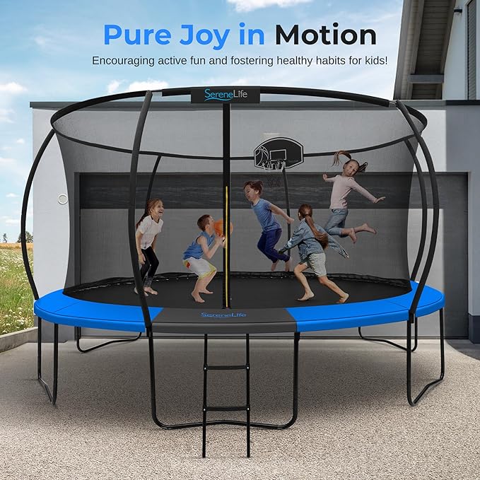 SereneLife 8FT 10FT 12FT 14FT Outdoor Trampoline for Kids - Recreational Backyard Trampoline with Curved Safety Poles, Net Enclosure, Ladder & Basketball Hoop - ASTM Approval for Kids Adults