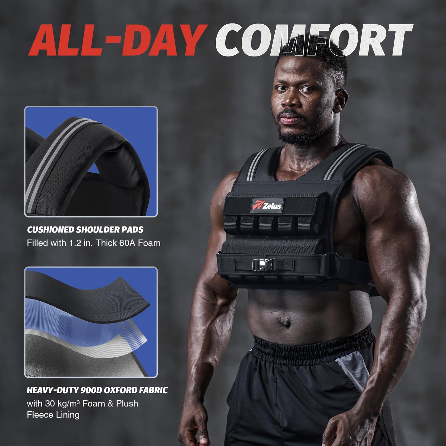 ZELUS Weighted Vest Men, 23lbs/36lbs/45lbs Adjustable Weight Vest with 10/16/20 removable Iron Weights and Reflective Strips, No-Bounce Design for Strength Training, Running, HIIT & Calisthenics