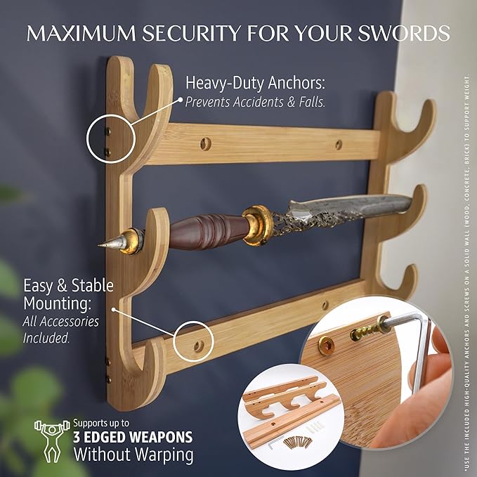 Wall Sword Holder 3 Tier - Bamboo Katana Wall Mount - Sword Mount for Secure Blade Display - Protects Swords, Easy Installation, Space-Saving Design for Home Decor