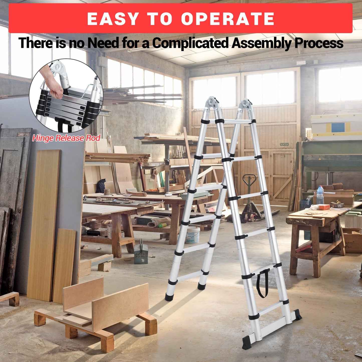 18.5 ft Aluminium Telescoping Ladder, Multi-Use a-Frame Collapsible Ladder with Non-Slip Feet and Stabilizers, Portable & Lightweight, Ideal for Household, Outdoor Working and Garden Use