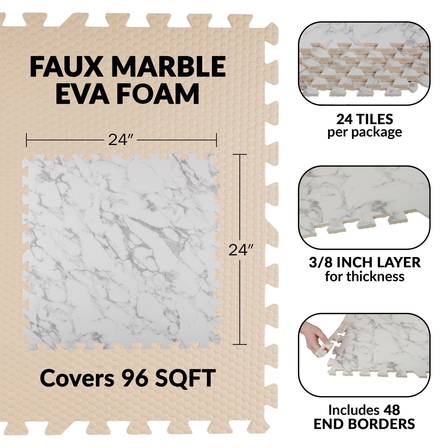 EVA Foam Floor Tiles 24-Pack - 96SQFT Puzzle Mat - Interlocking Foam Tiles for Baby Play Mat or Gym Flooring for Exercise by Stalwart (Faux Marble)