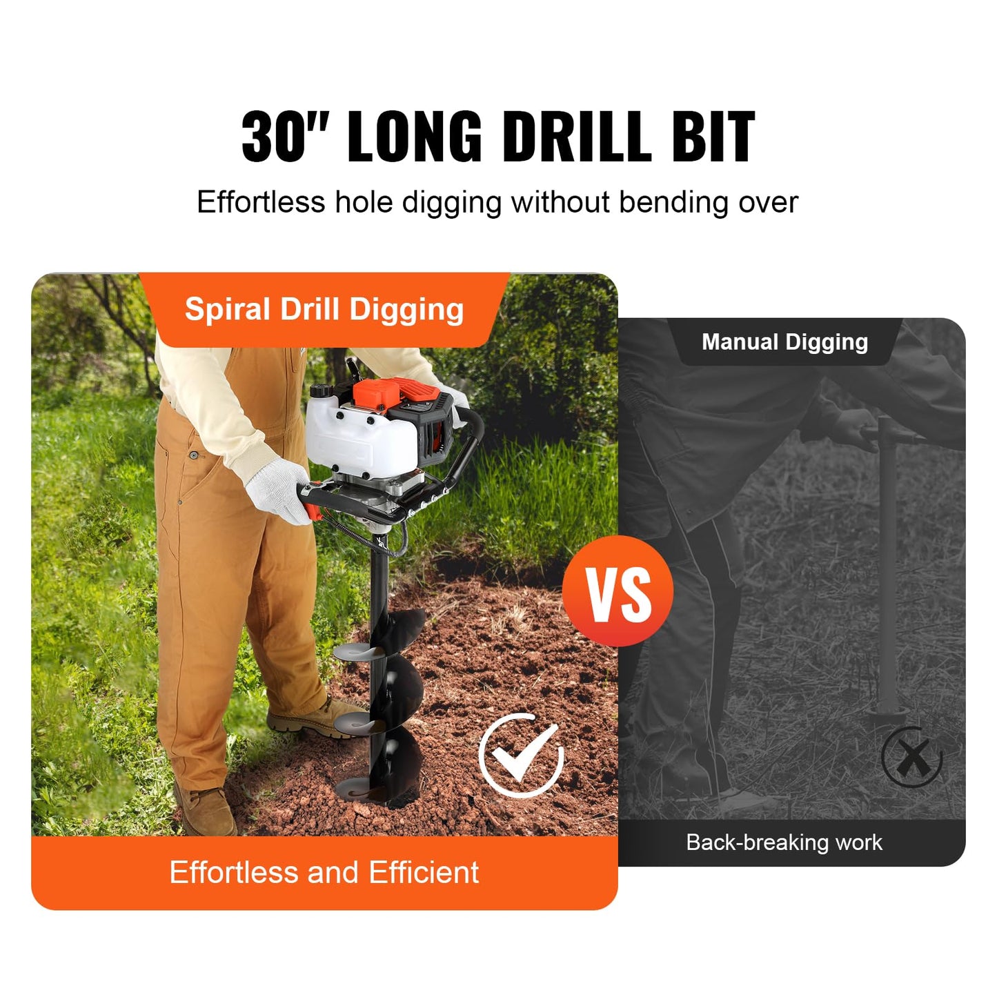 VEVOR Post Hole Digger, 43cc 1250W Auger Post Hole Digger, Gas Powered Earth Digger with 8" Earth Auger Drill Bit, 30 inch Long Alloy Steel Auger, for Farmland, Garden and Plant, EPA Certification