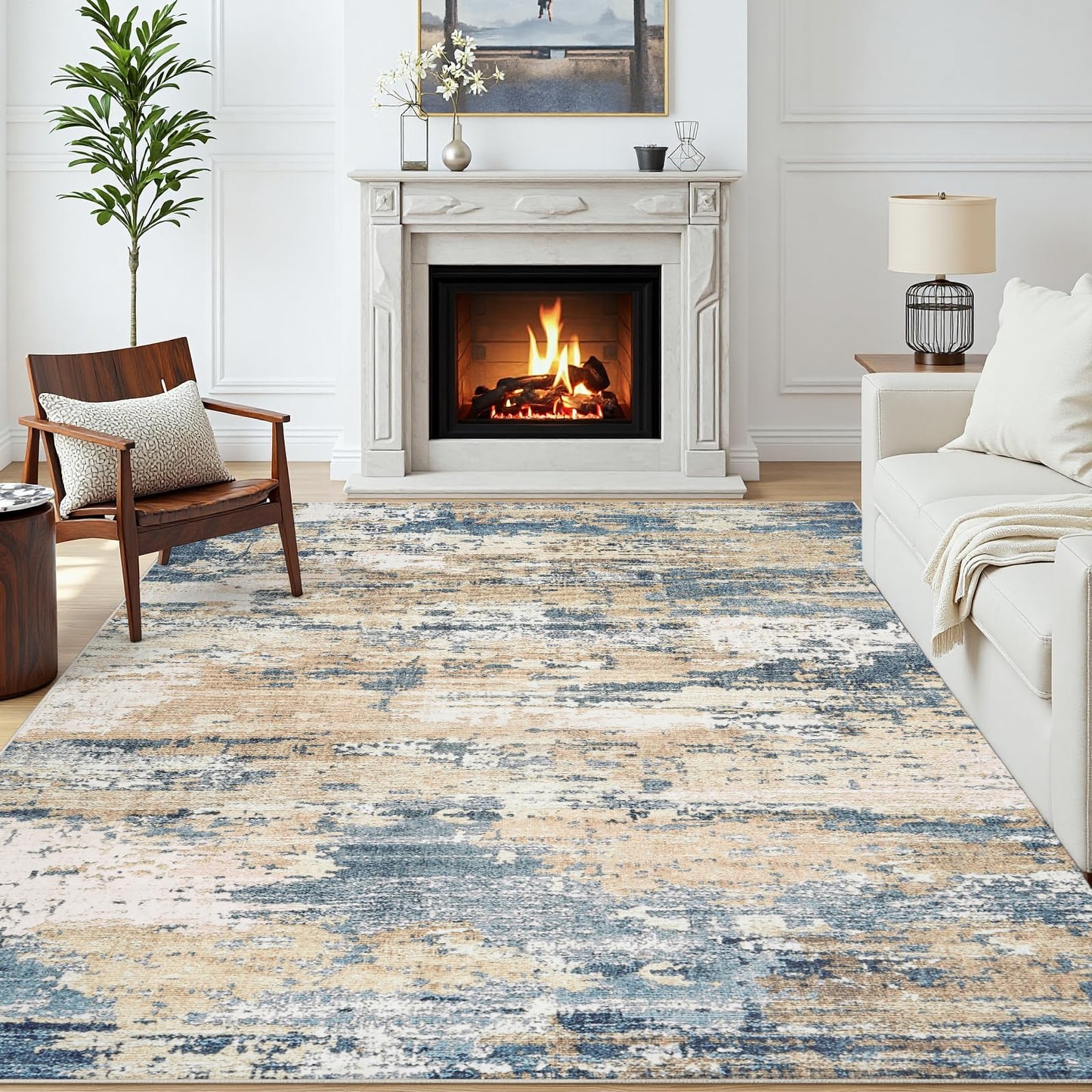 Area Rugs 5x7 Living Room: Large Soft Washable Rug Modern Abstract Anti-Skid Non-Shedding Carpet Indoor Floor Thin Carpets for Bedroom Dining Room Farmhouse Nursery Home Office Brown Blue
