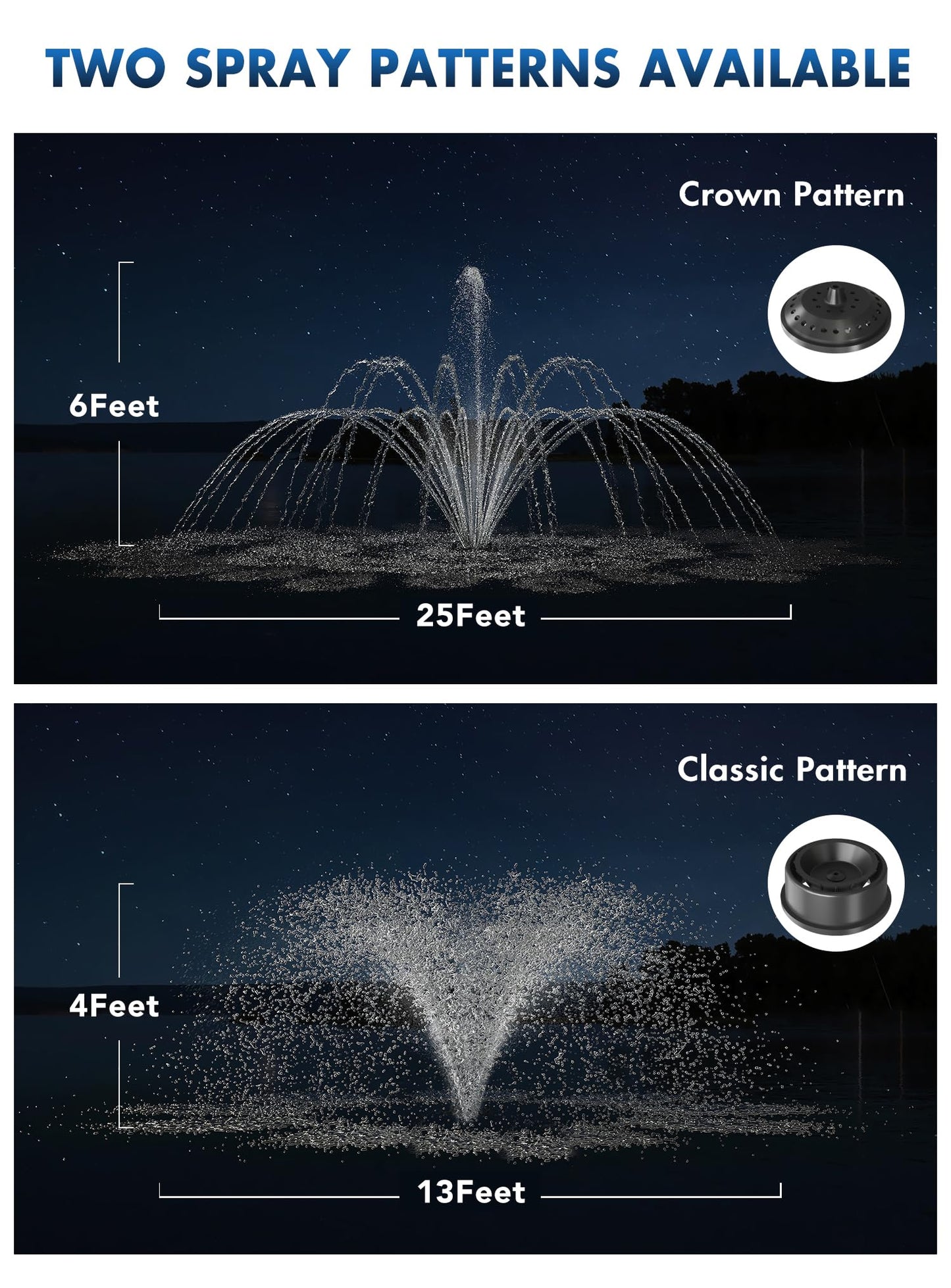 FS02 110V, 1/2 HP Large Pond Floating Fountain, Oil Free Pump 9000 GPH with 100’ Cord, Two Spray Patterns Included