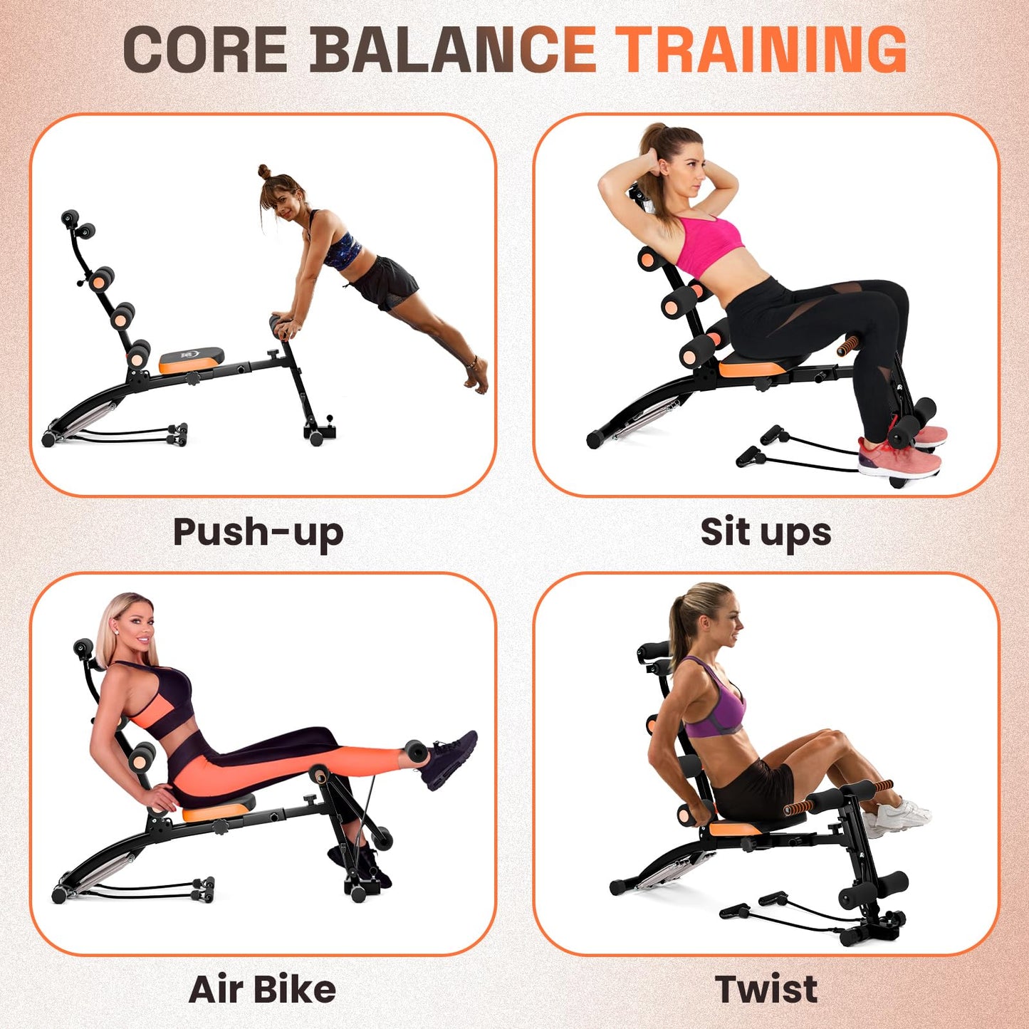 Multi-Functional 6 in 1 Adjustable Ab Trainer Waist Trainer, Abdominal Workout Bench for Home Gym, Ab Exercise Equipment for Total Body Workout (Black)